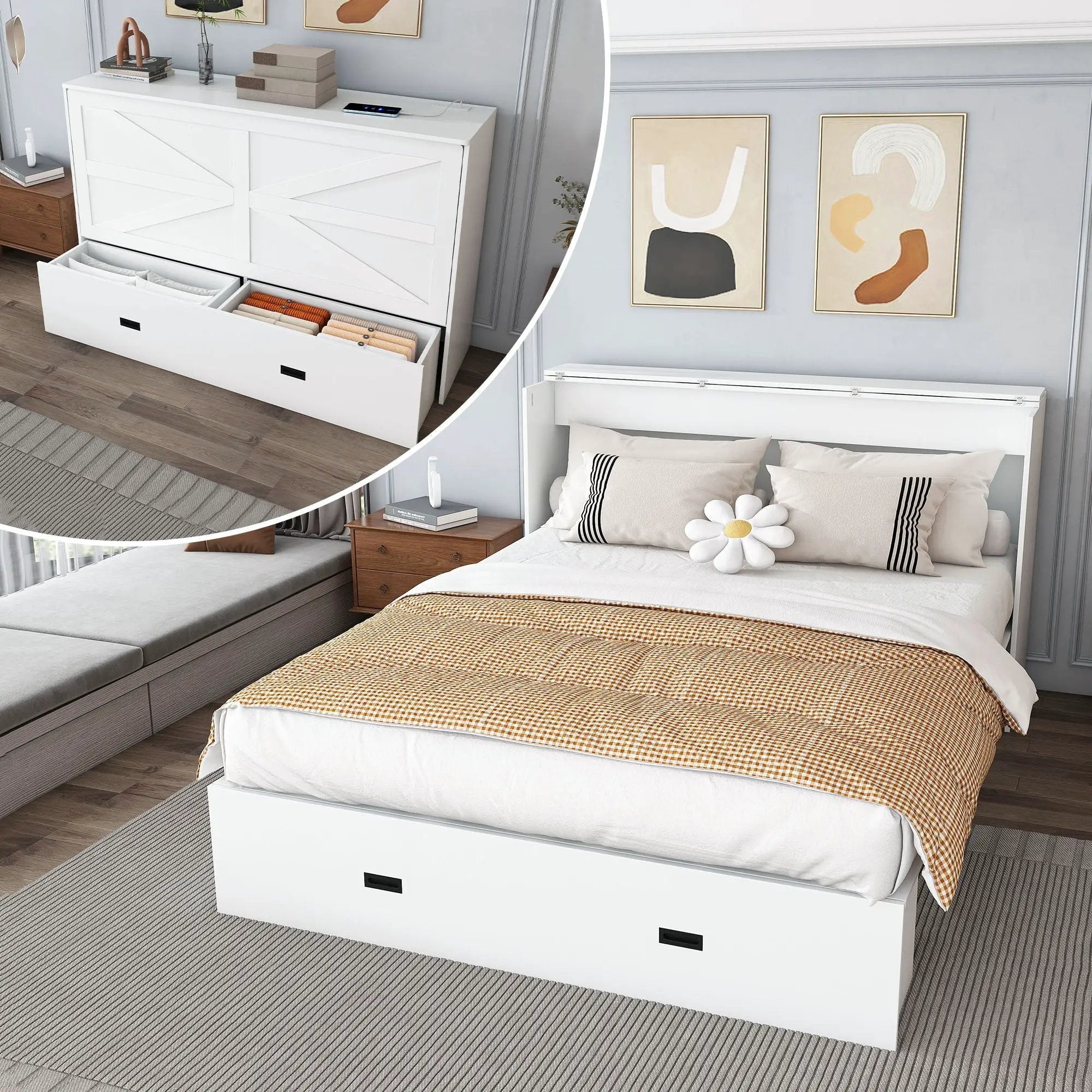 Murphy Bed With Storage Drawers And Charging Cabinet, Foldable Panels, Swivel Wheels by HouseOfZazla