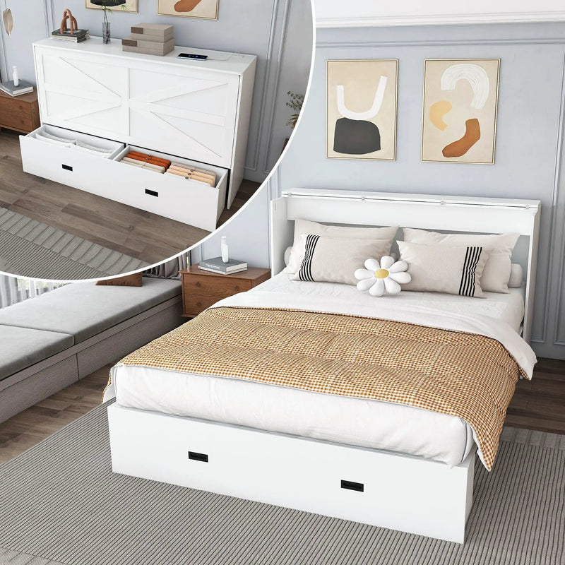 Murphy Bed With Storage Drawers And Charging Cabinet, Foldable Panels, Swivel Wheels by HouseOfZazla