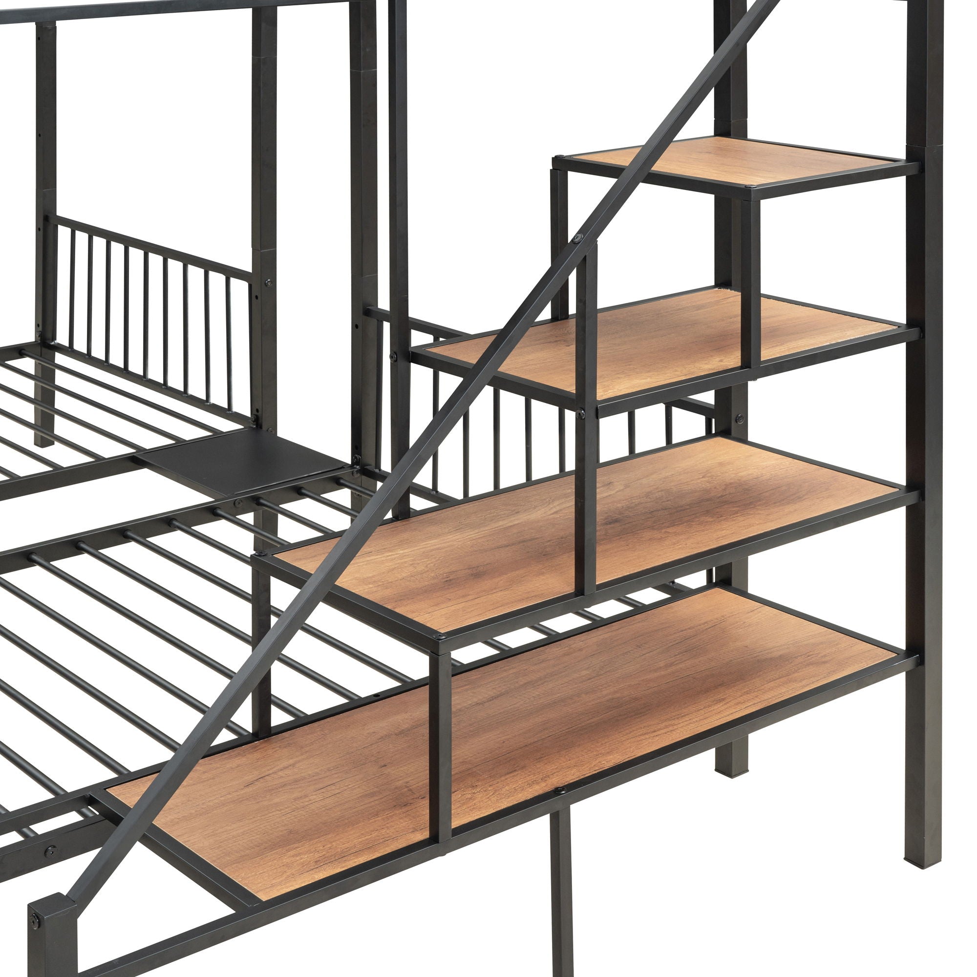 Full Over Twin-Twin Triple Bunk Bed With Drawers And Staircase - Black by HouseOfZazla