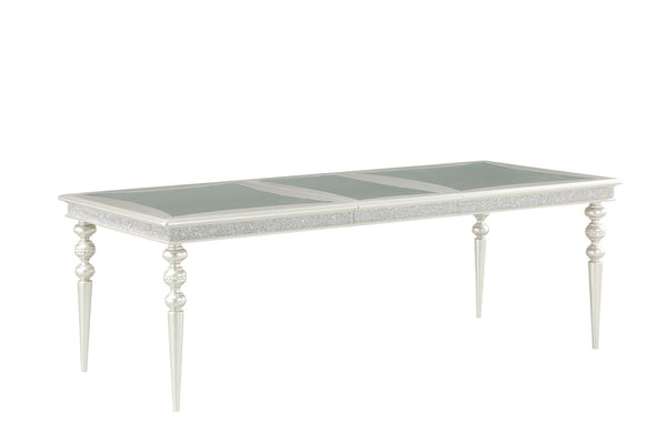 Silver Maverick Dining Table with Wood Top and Mirrored Inserts