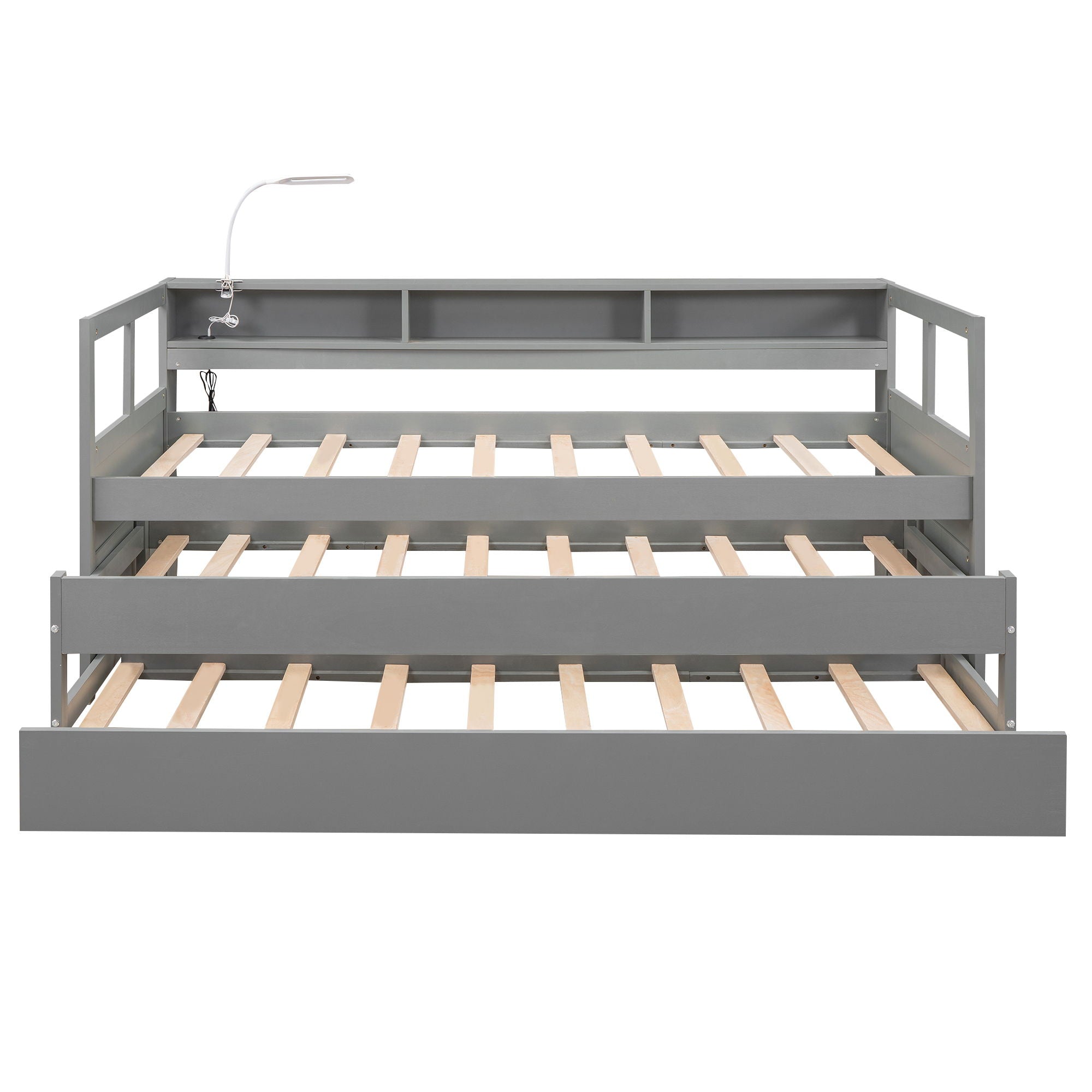 Daybed With 2 Trundles, 3 Storage Cubbies, Built In USB Charging Light by HouseOfZazla
