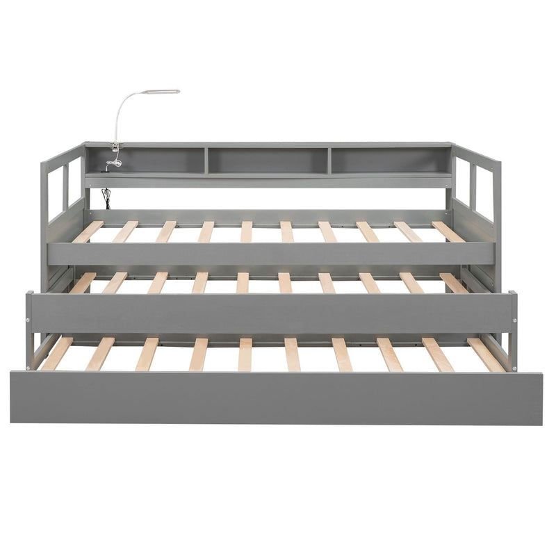 Daybed With 2 Trundles, 3 Storage Cubbies, Built In USB Charging Light by HouseOfZazla