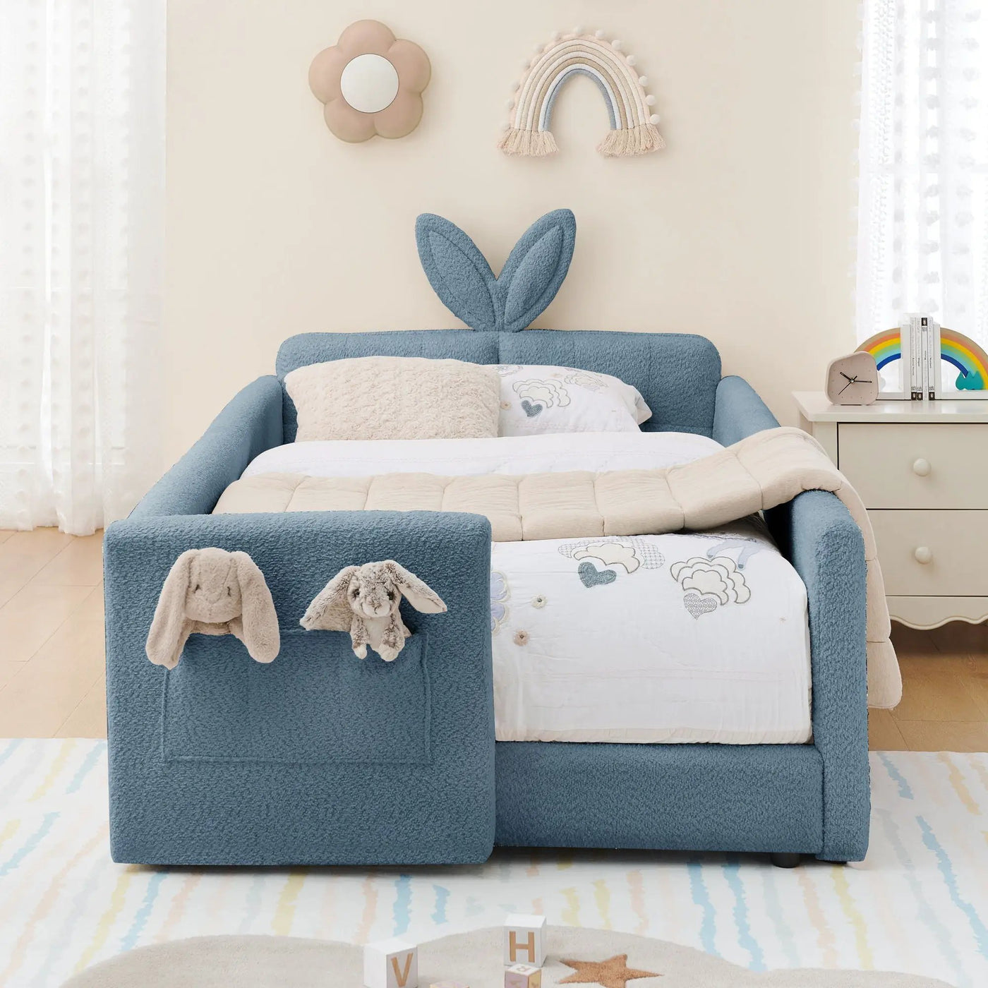 Cute Rabbit Ear Upholstered Platform Bed Frame With Safety Rail by HouseOfZazla
