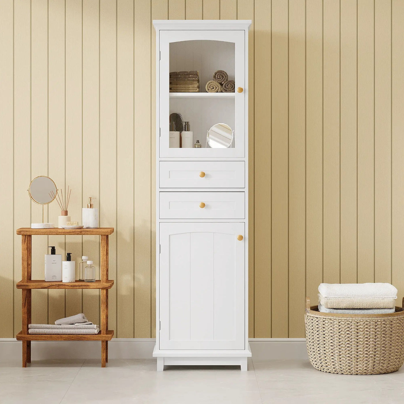 Tall Bathroom Storage Cabinet With Glass Doors, Free-Standing, Two Drawers, And Adjustable Shelves, Board, Painted Perfect For Displaying Your Favorite Items by HouseOfZazla