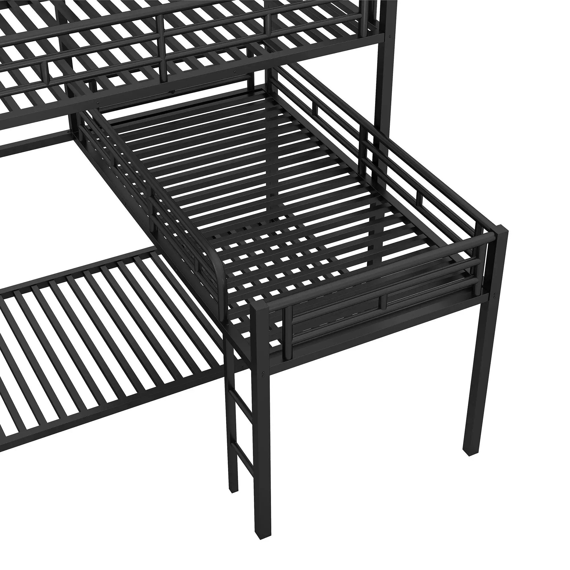 L-Shaped Triple Twin Size Bunk Bed, Industrial Design With Integrated Ladder And Full Length Guardrails - Black by HouseOfZazla
