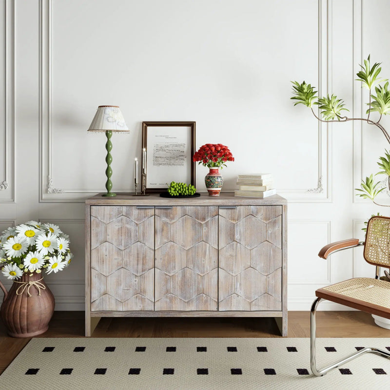 Accent Cabinet Farmhouse Style 3 Door Wooden Cabinet Sideboard Buffet Server Cabinet Storage Cabinet, For Living Room - Natural Wood Wash by Unique Piece Furniture