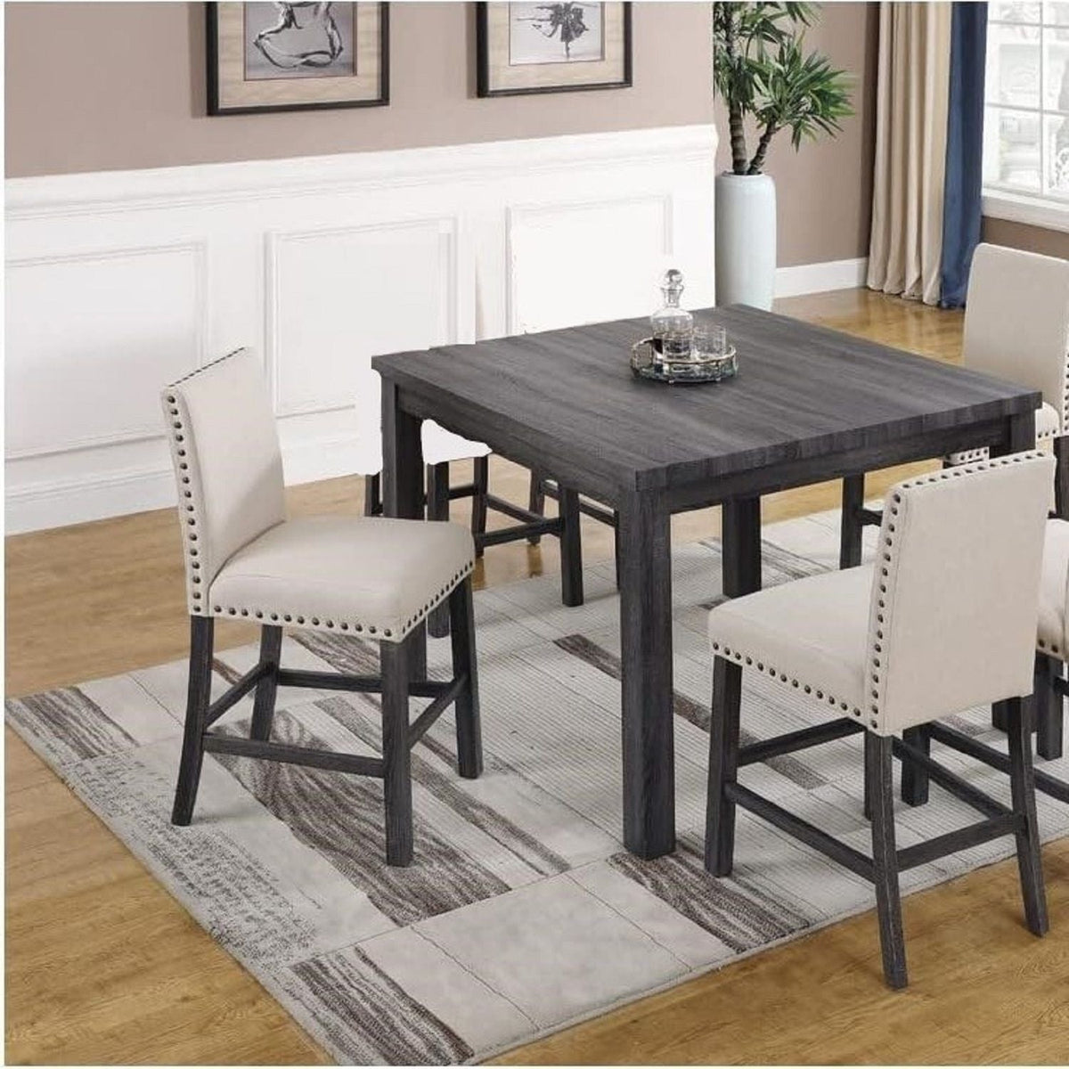 Natural Upholstered Counter Dining Chair Set with Nailhead Trim - Linen Blend, photo 4 of 7