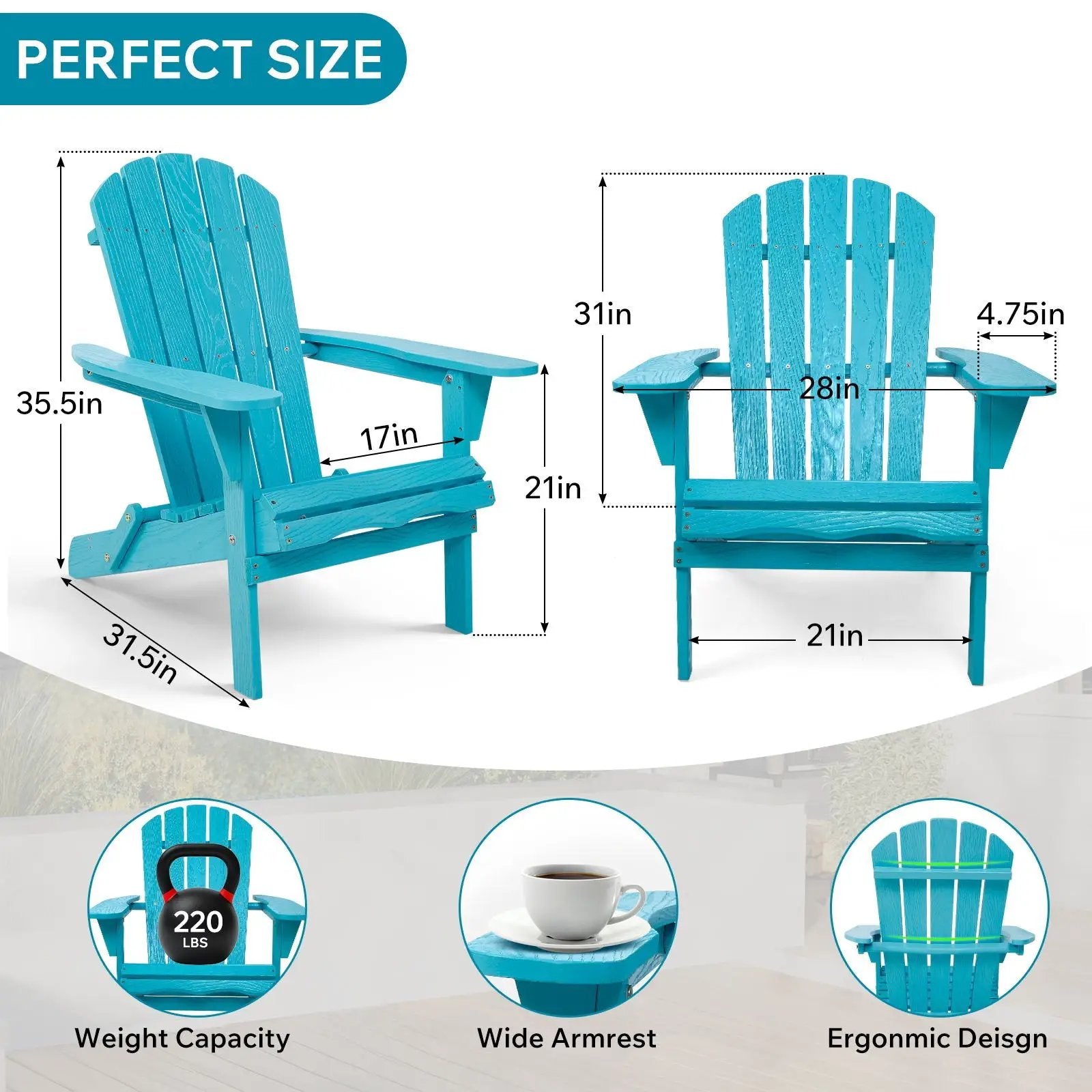 Outdoor Folding Adirondack Chair Patio With Natural Grain Texture - Turquoise Blue by HouseOfZazla