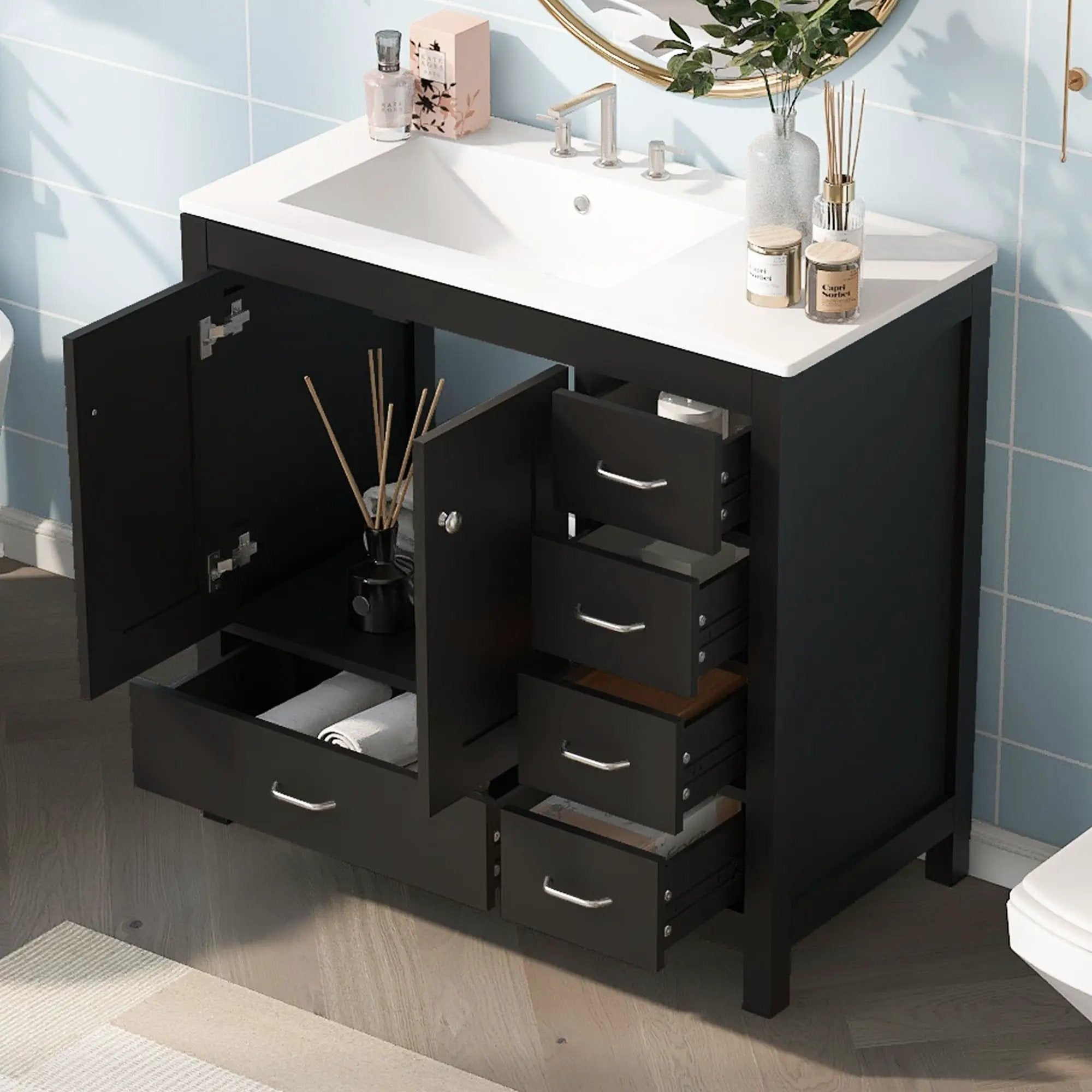 Bathroom Vanity With Ceramic Sink Combo, Abundant Storage Cabinet 2 Soft Close Doors And 5 Drawers by Unique Piece Furniture