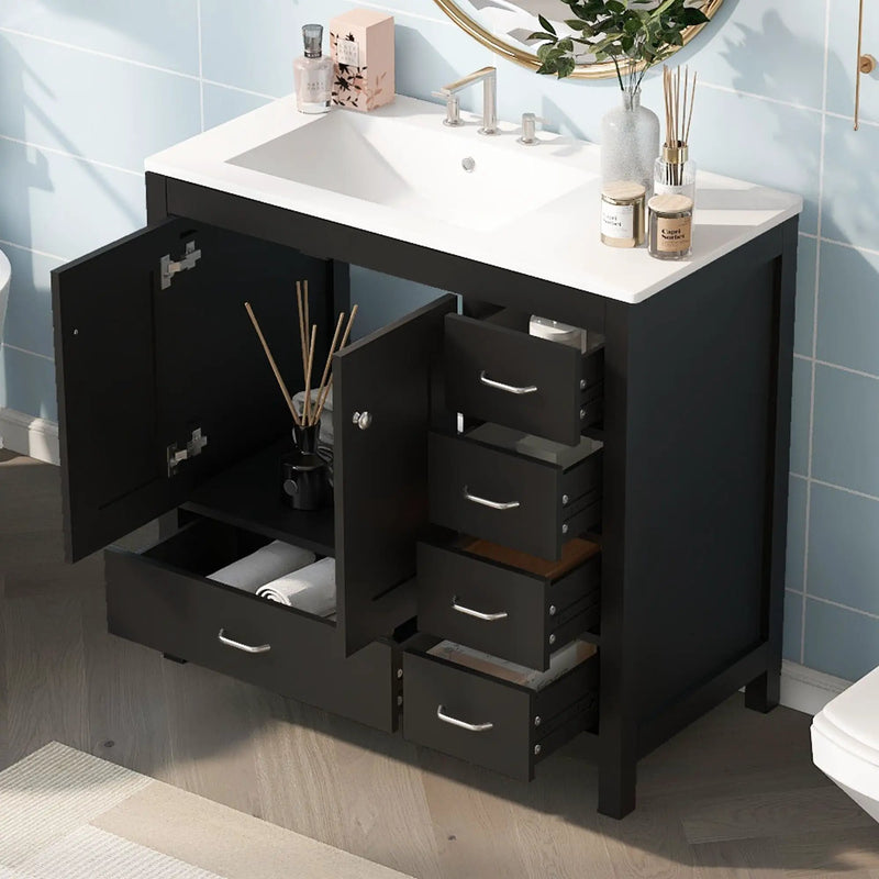 Bathroom Vanity With Ceramic Sink Combo, Abundant Storage Cabinet 2 Soft Close Doors And 5 Drawers by HouseOfZazla