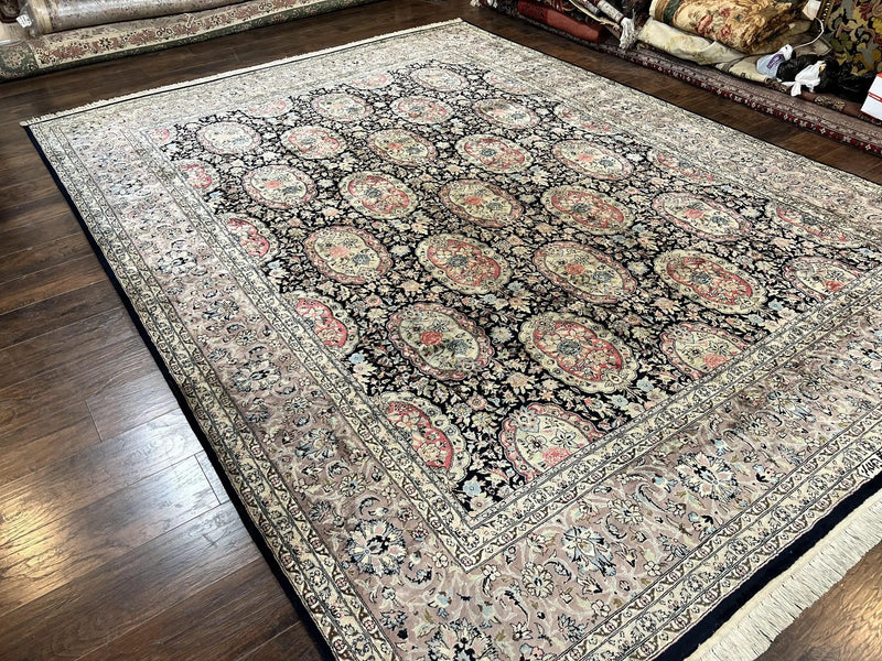 Sino Persian Rug 9x12, Navy Blue and Pink Hand Knotted Wool and Silk Highlights Vintage Oriental Carpet, Handmade Floral Area Rug 9 x 12 ft by Jewel Rugs