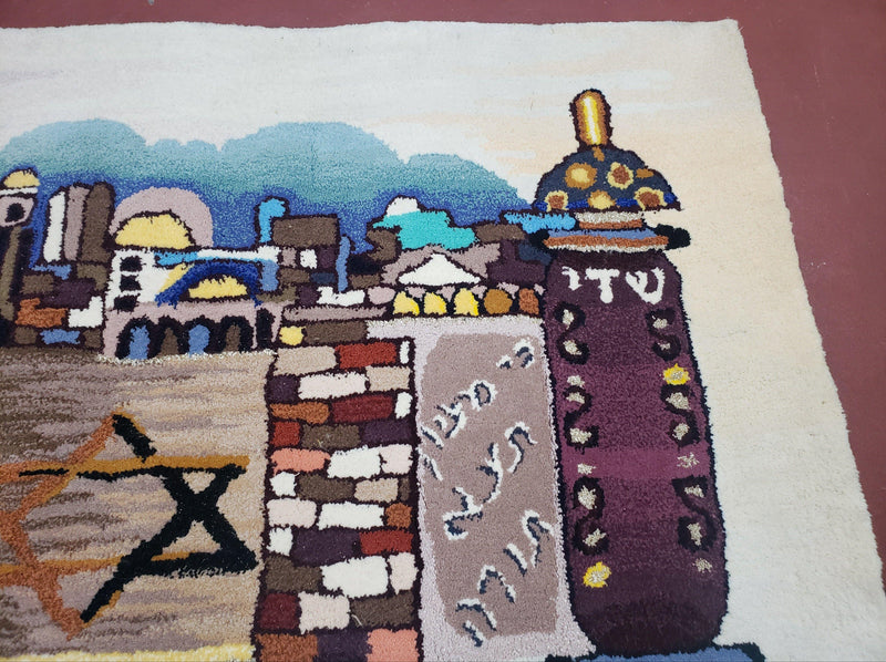 Vintage Judaica Pictorial Rug 3x5, Wool Hand-Tufted Israeli Signed Rug, Jerusalem Rug, Star of David Torah Scroll Verses, Chanuka Gift by Jewel Rugs