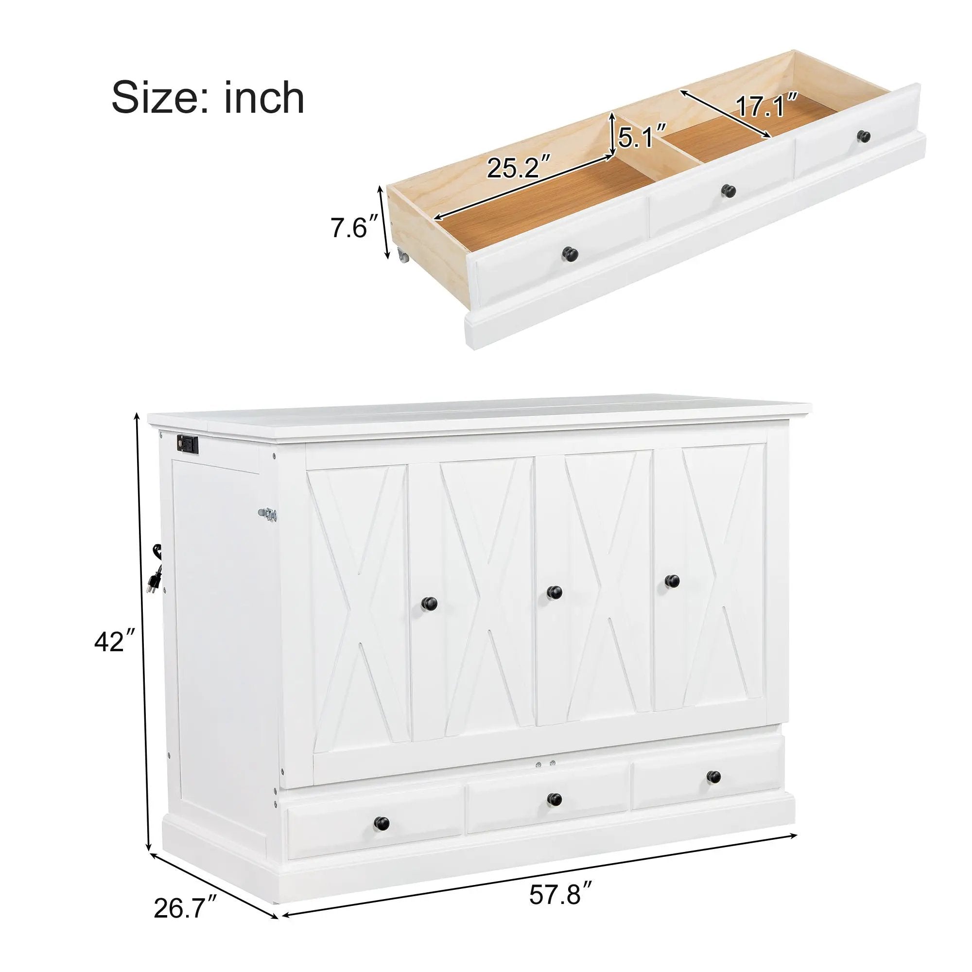 Solid Pine Murphy Bed Chest Cube Cabinet Bed With Charging Station And Large Storage Drawer For Home Office Or Small Room by HouseOfZazla