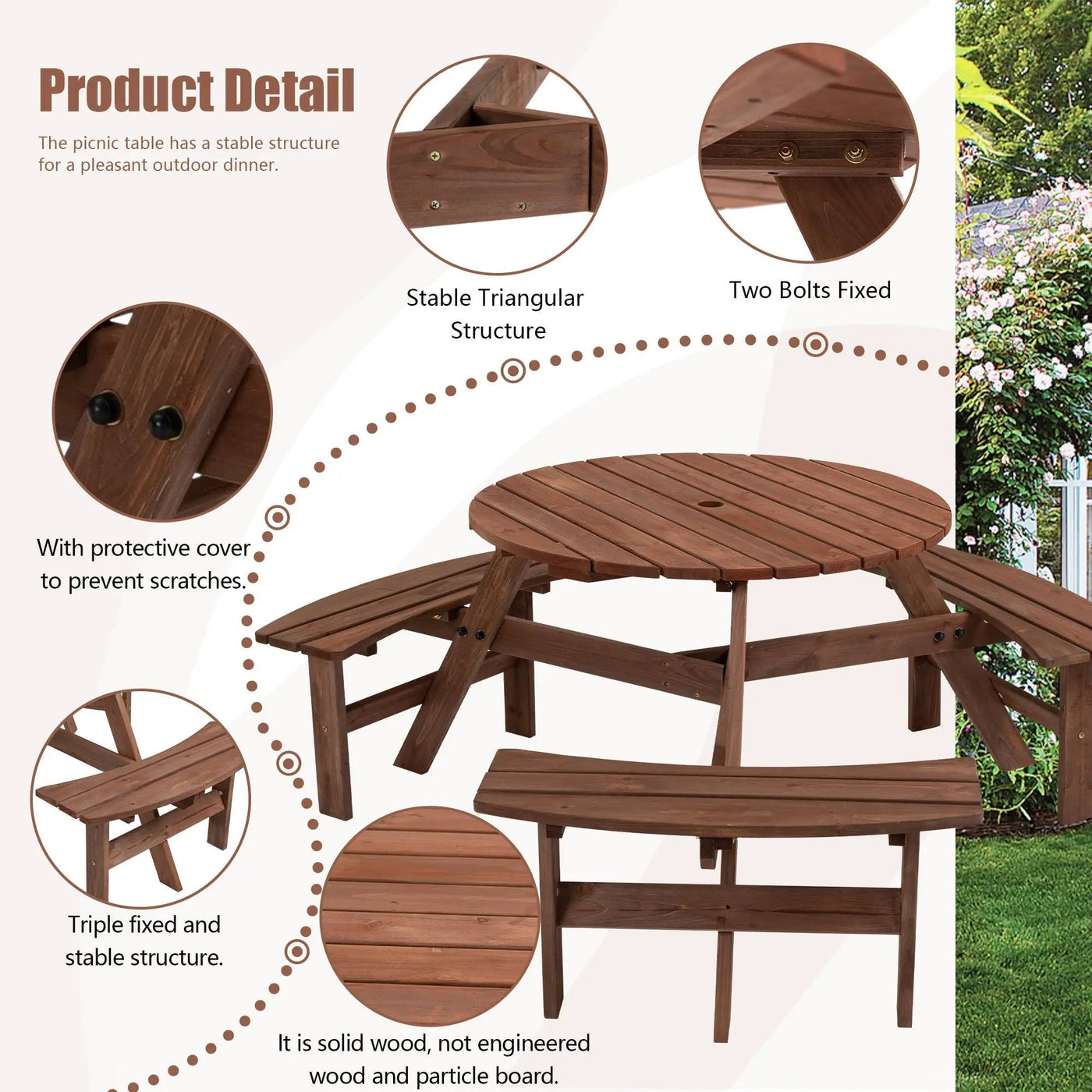 6 Person Circular Outdoor Wooden Picnic Table For Patio, Backyard, Garden, Diy With 3 Built-In Benches, 1720Lb Capacity by HouseOfZazla