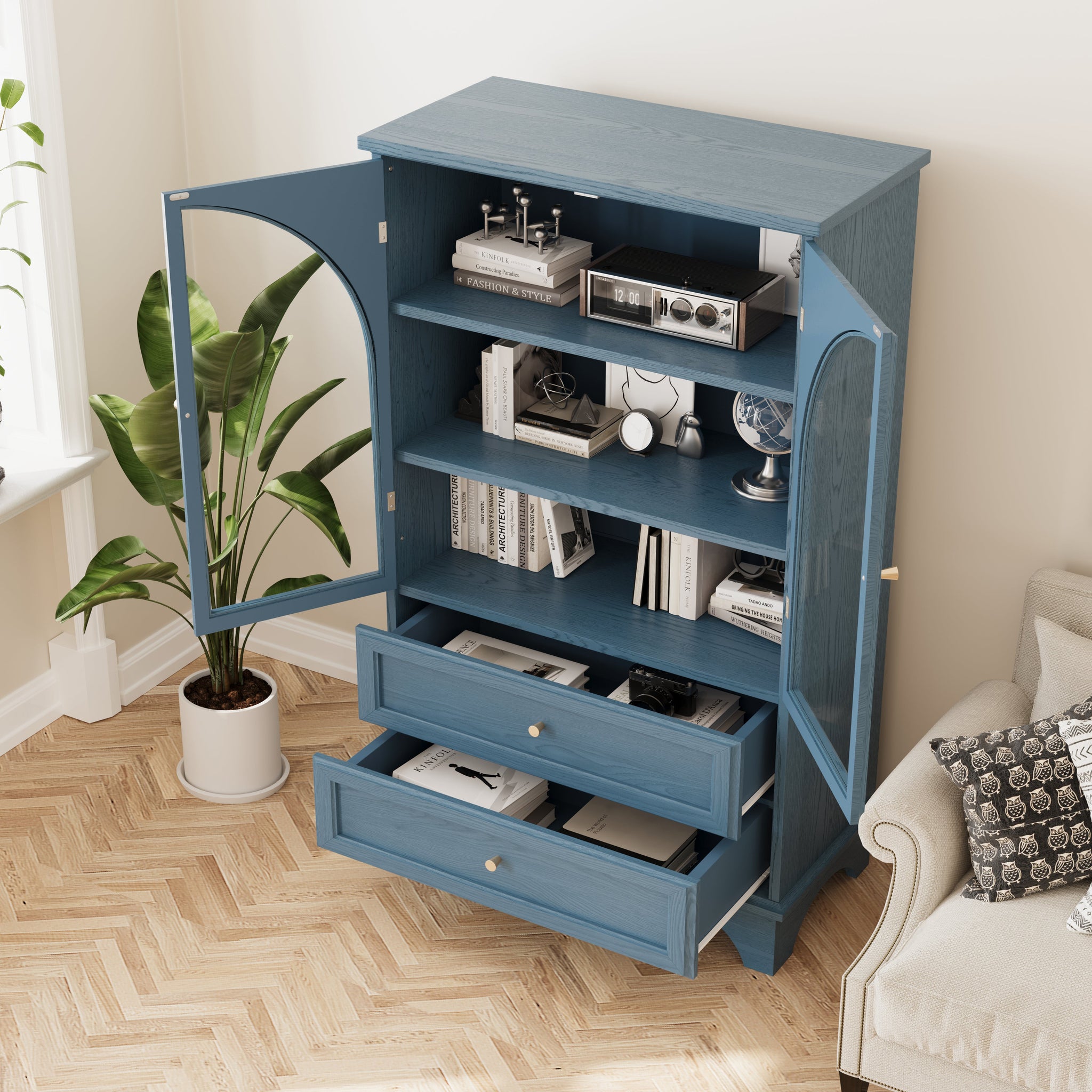 52.17"H Glass Door Display Case Storage Cabinet with 2 Drawers and Adjustable Shelf by HouseOfZazla