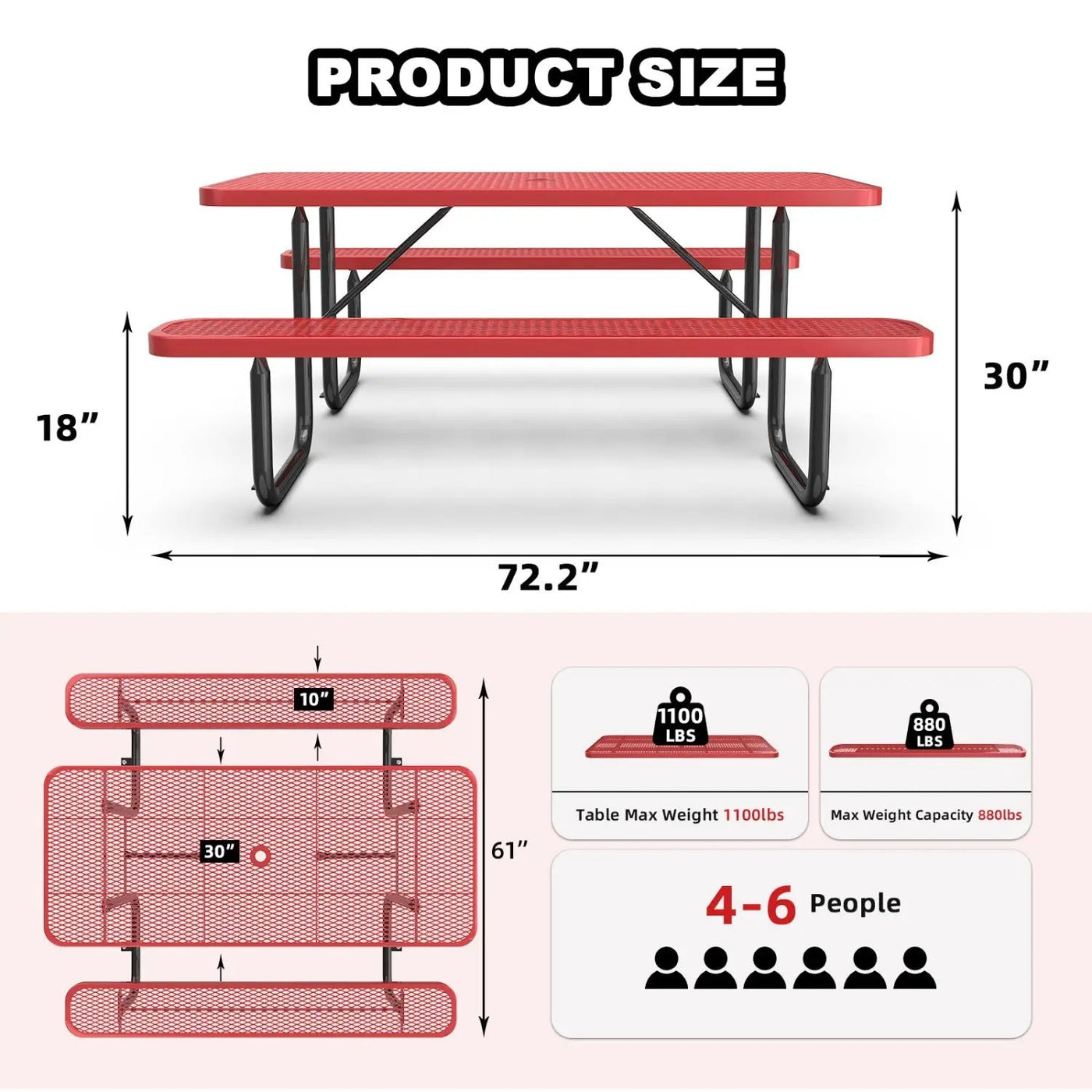 6 ft Metal Picnic Tables for Outdoors, Rectangle Coated Steel Patio Furniture Set by Chery Industrial