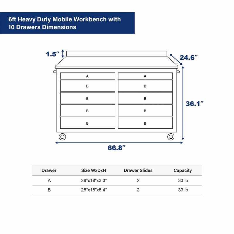6ft Heavy Duty Mobile Workbench with 10 Drawers by Chery Industrial