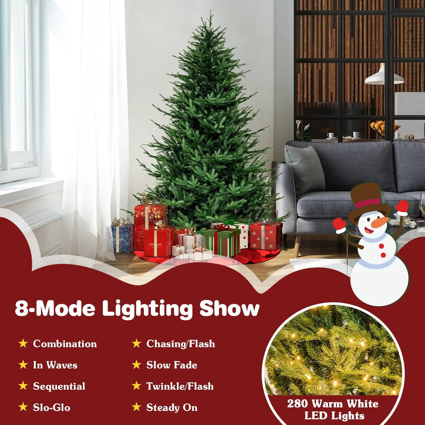 Pre-lit Christmas Tree with 280 Warm White LED Lights and 8 Lighting Modes by DirectDeals