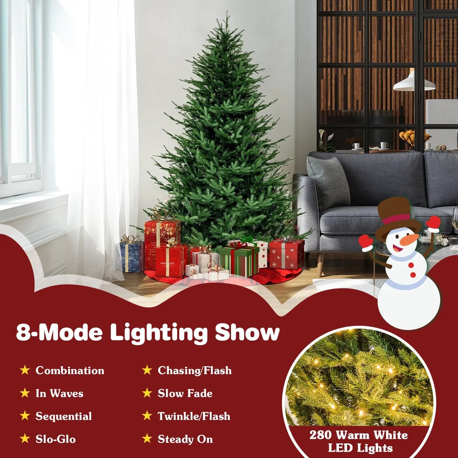 Pre-lit Christmas Tree with 280 Warm White LED Lights and 8 Lighting Modes by DirectDeals