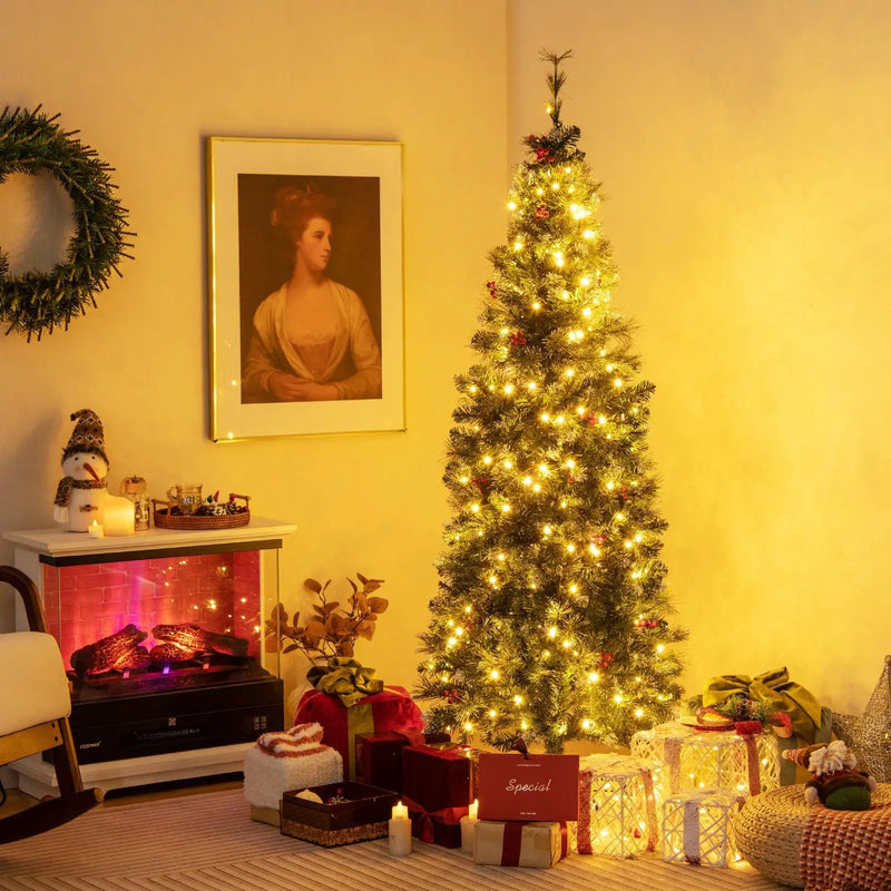 5/6/7/8/9 FT Pre-Lit Artificial Hinged Slim Pencil Christmas Tree by DirectDeals
