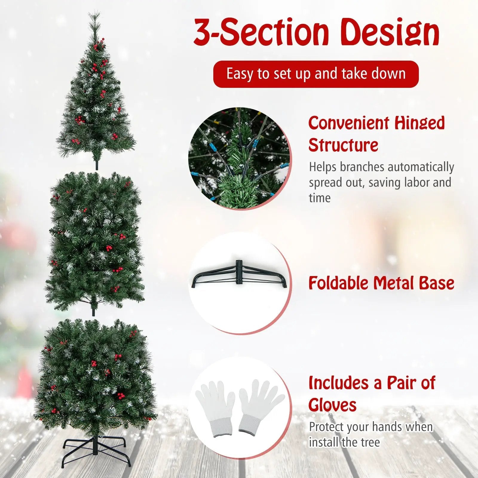5/6/7/8/9 FT Pre-Lit Artificial Hinged Slim Pencil Christmas Tree by DirectDeals