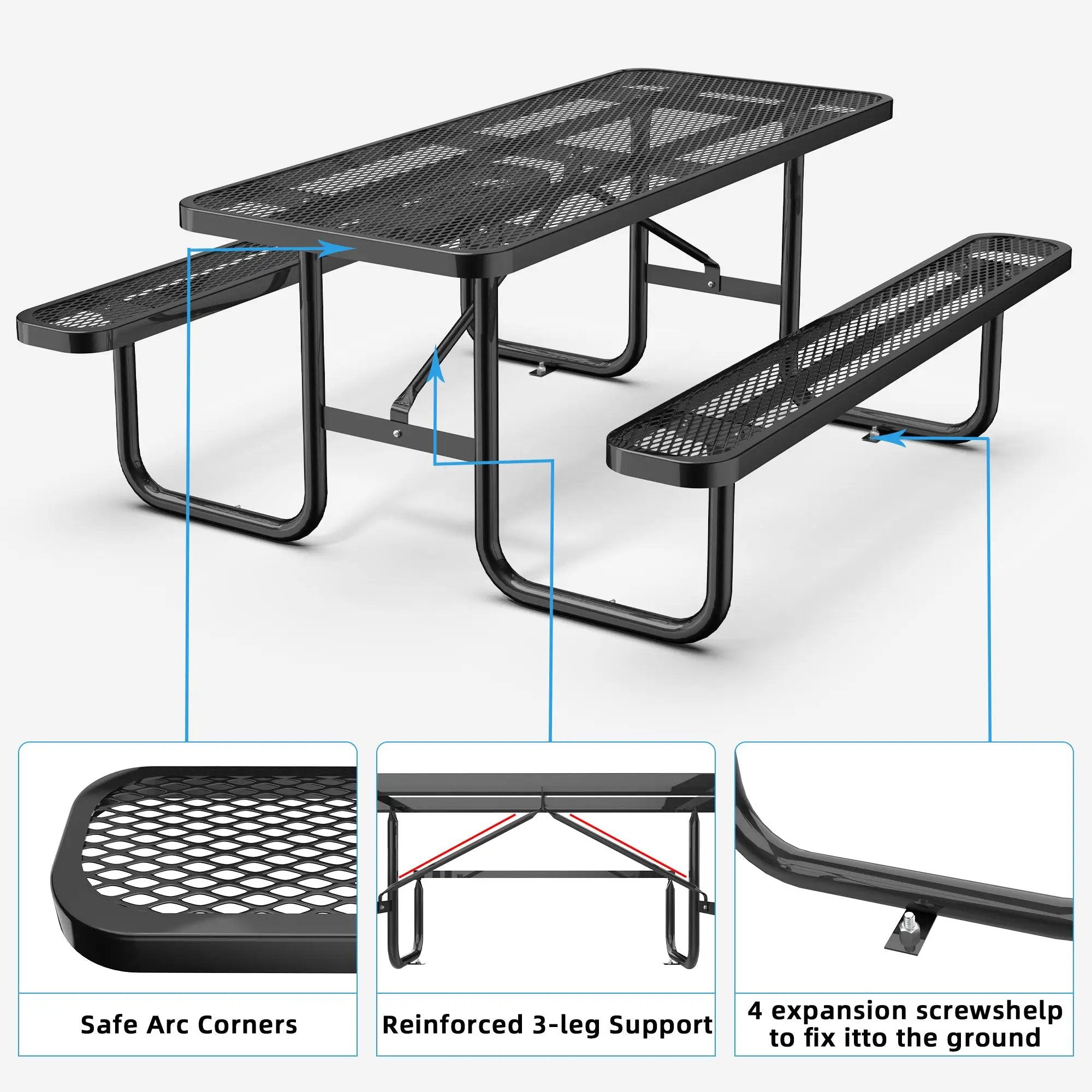 6 ft Metal Picnic Tables for Outdoors, Rectangle Coated Steel Patio Furniture Set by Chery Industrial