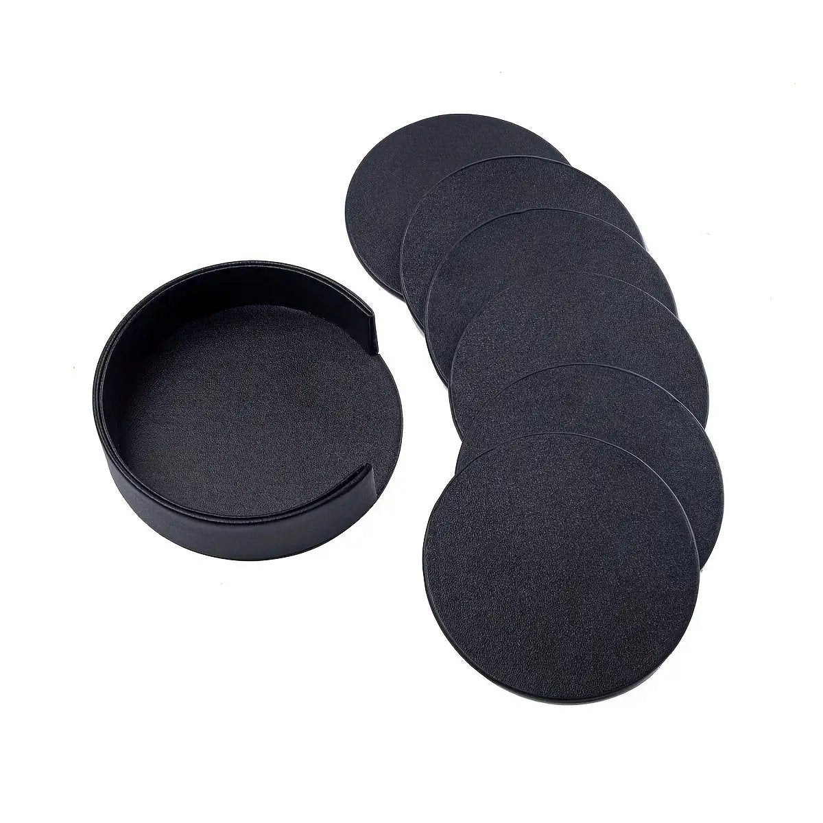 6pcs WAIYIFON Premium Faux Leather Drink Coasters with Holder - Elegant Black, Round Cup Mats for Tabletop Protection, Ideal for Home & Kitchen Use - Perfect Housewarming Gift by House Of Avana
