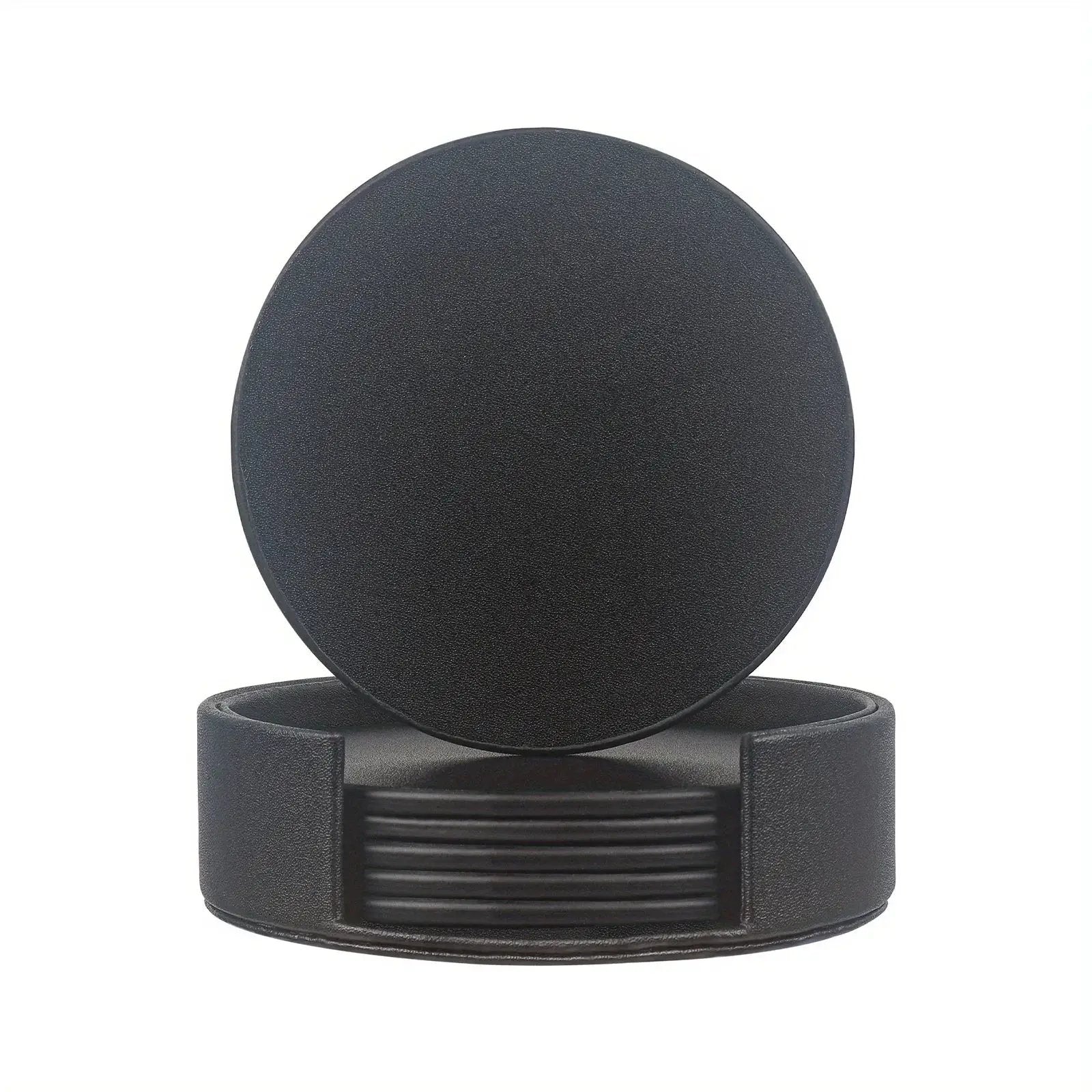 6pcs WAIYIFON Premium Faux Leather Drink Coasters with Holder - Elegant Black, Round Cup Mats for Tabletop Protection, Ideal for Home & Kitchen Use - Perfect Housewarming Gift by House Of Avana