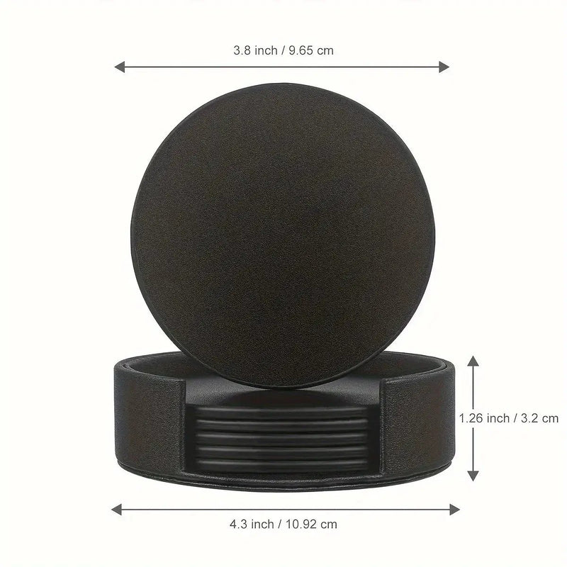 6pcs WAIYIFON Premium Faux Leather Drink Coasters with Holder - Elegant Black, Round Cup Mats for Tabletop Protection, Ideal for Home & Kitchen Use - Perfect Housewarming Gift by House Of Avana