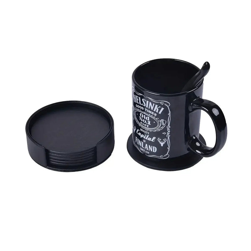 6pcs WAIYIFON Premium Faux Leather Drink Coasters with Holder - Elegant Black, Round Cup Mats for Tabletop Protection, Ideal for Home & Kitchen Use - Perfect Housewarming Gift by House Of Avana