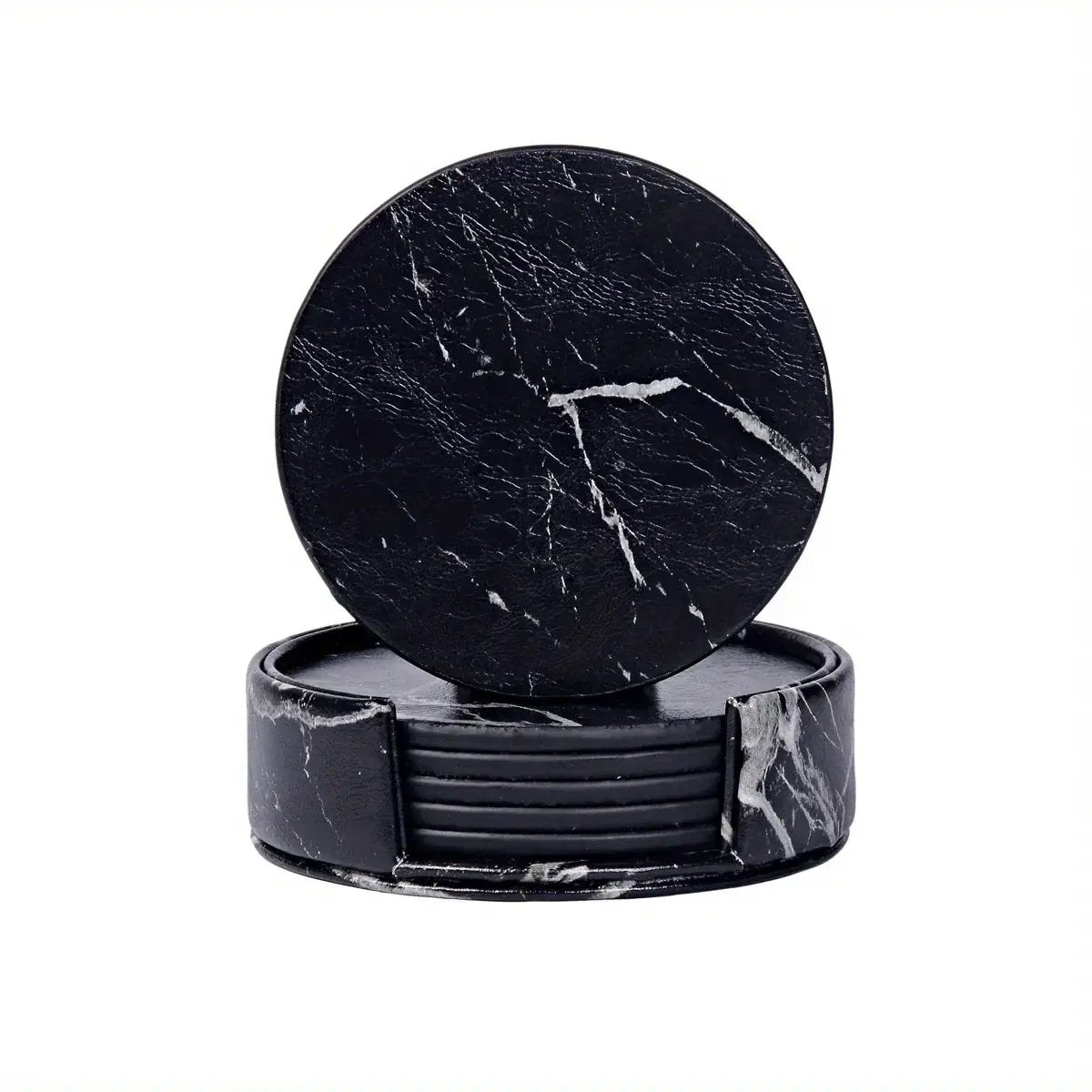 6pcs WAIYIFON Premium Faux Leather Drink Coasters with Holder - Elegant Black, Round Cup Mats for Tabletop Protection, Ideal for Home & Kitchen Use - Perfect Housewarming Gift by House Of Avana