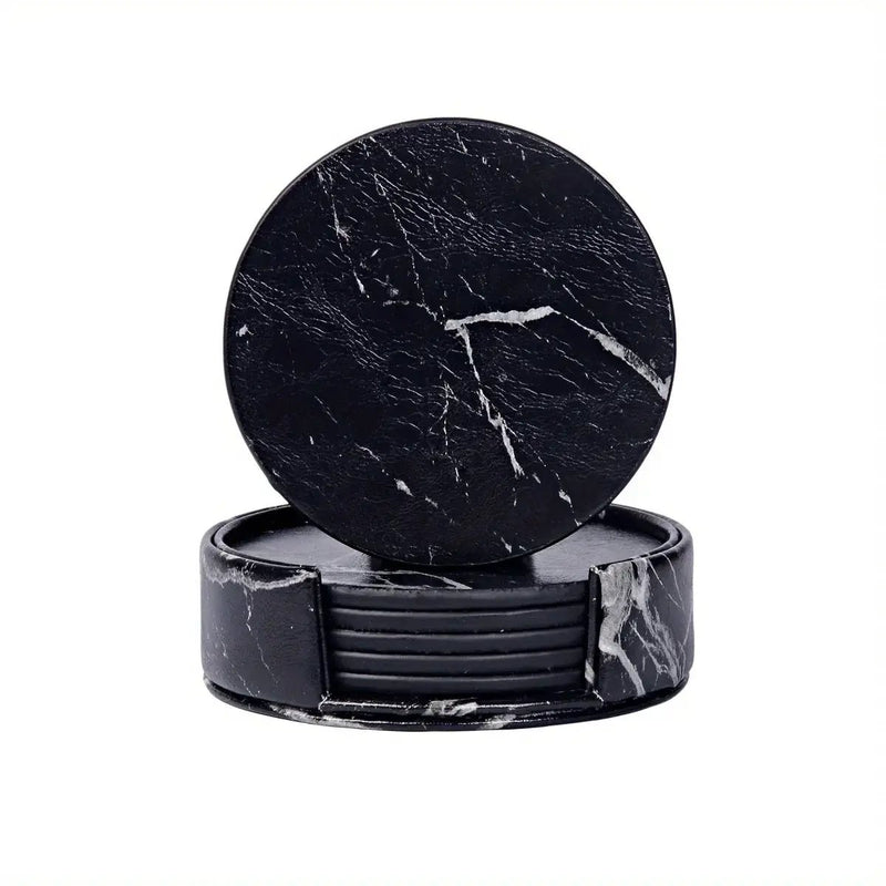 6pcs WAIYIFON Premium Faux Leather Drink Coasters with Holder - Elegant Black, Round Cup Mats for Tabletop Protection, Ideal for Home & Kitchen Use - Perfect Housewarming Gift by House Of Avana