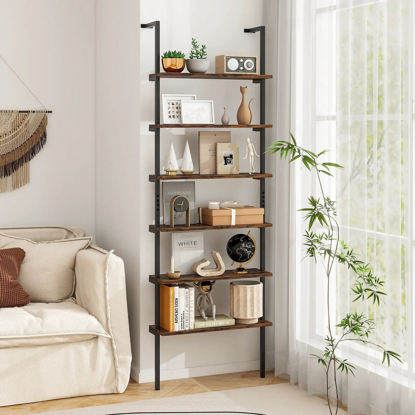 6-tier Ladder Shelf 72 Inches Industrial Wall Mounted Bookshelf by DirectDeals