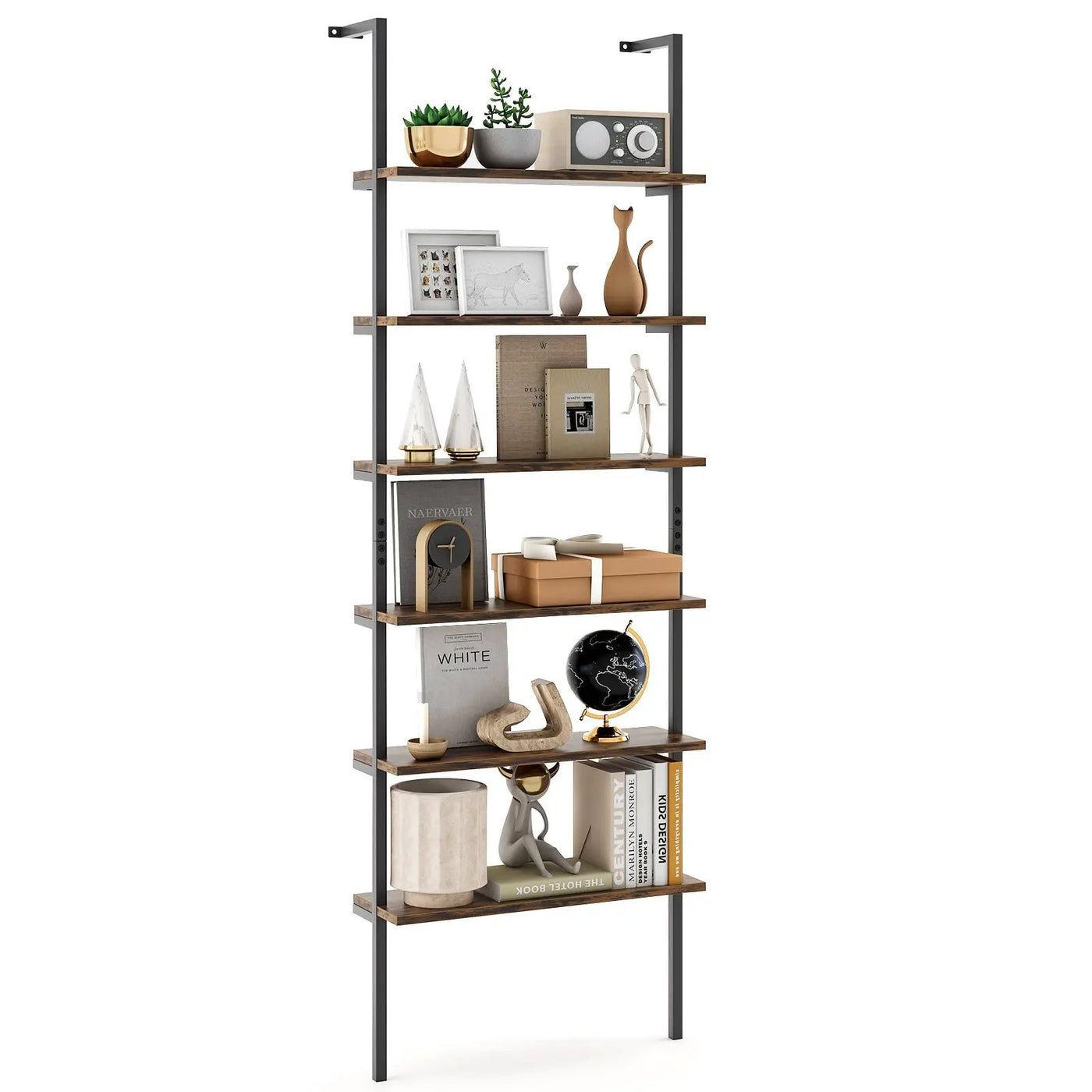 6-tier Ladder Shelf 72 Inches Industrial Wall Mounted Bookshelf by DirectDeals