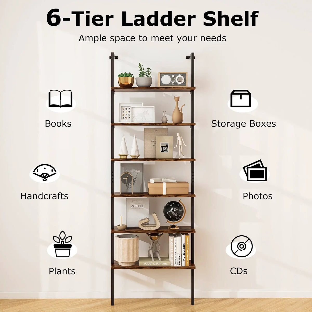 6-tier Ladder Shelf 72 Inches Industrial Wall Mounted Bookshelf by DirectDeals