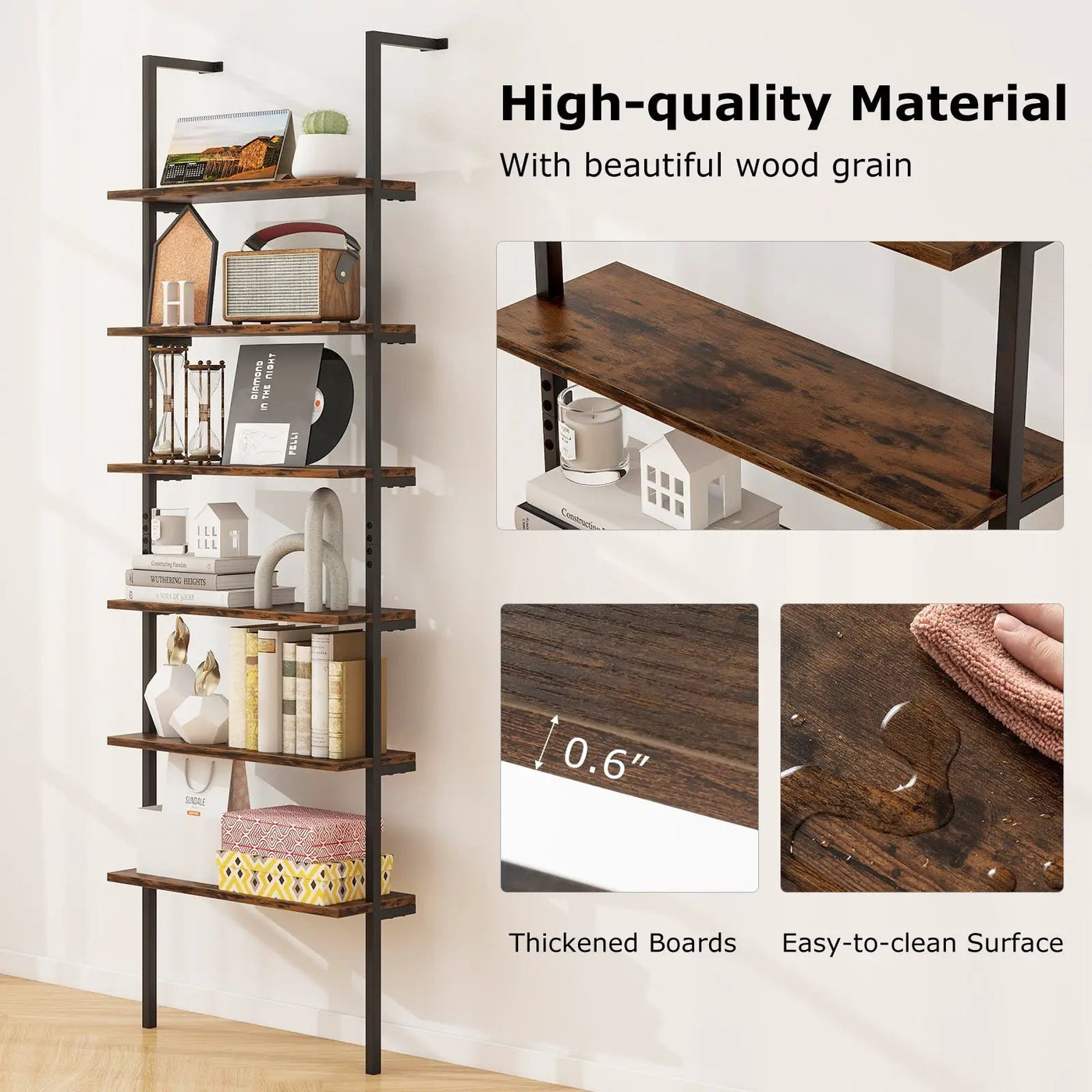 6-tier Ladder Shelf 72 Inches Industrial Wall Mounted Bookshelf by DirectDeals
