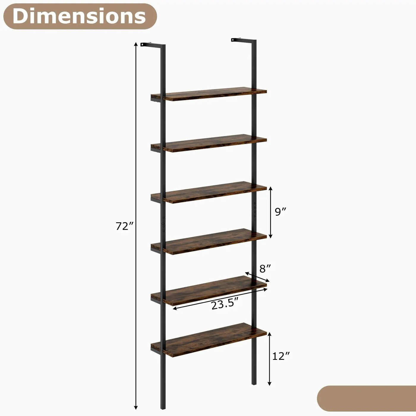 6-tier Ladder Shelf 72 Inches Industrial Wall Mounted Bookshelf by DirectDeals