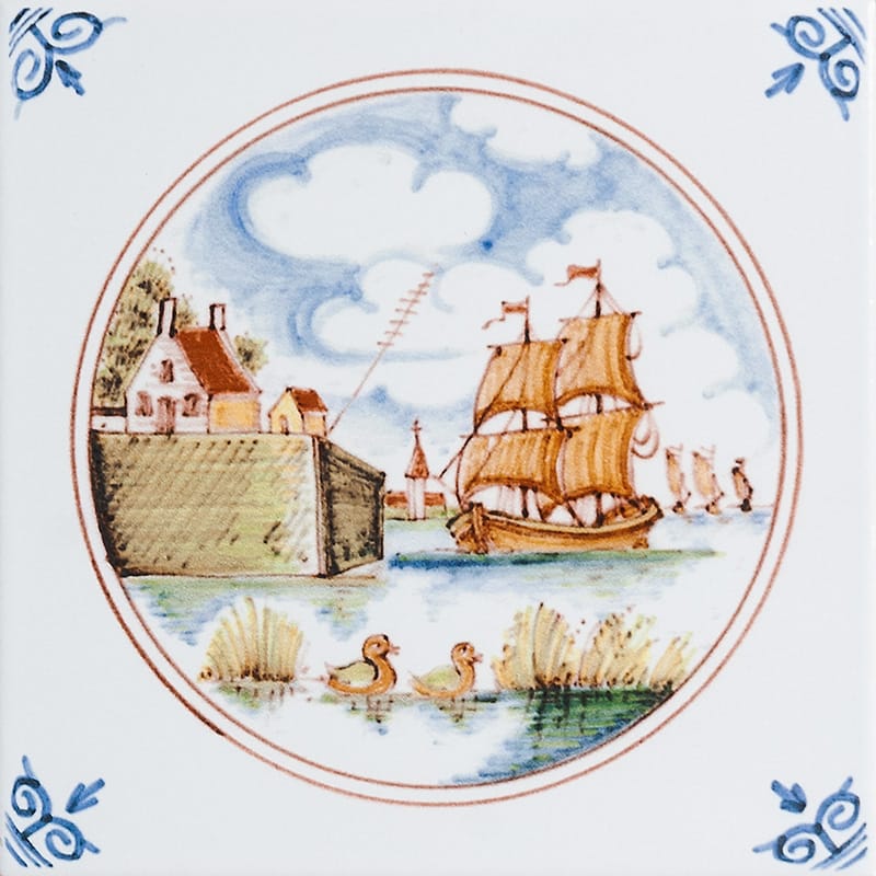 6x6 Ship Scenes In Circle Poly On Whi Ceramic Glazed 6x6 Tiles