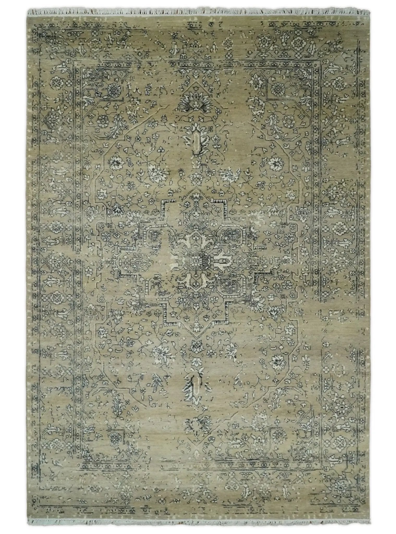 6x9 Fine Hand Knotted Beige and Black Traditional Vintage Persian Style Antique Wool Rug by The Rug Decor