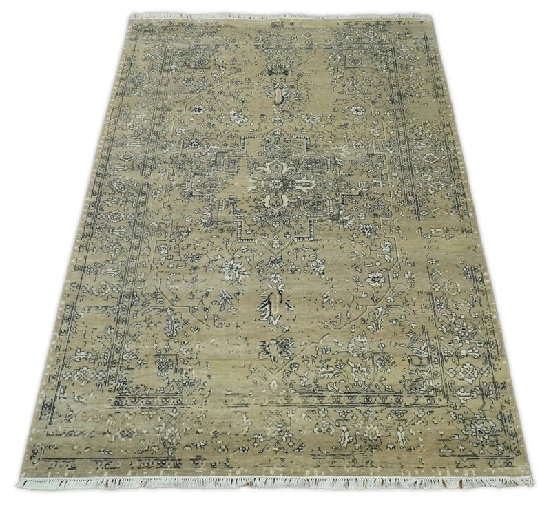 6x9 Fine Hand Knotted Beige and Black Traditional Vintage Persian Style Antique Wool Rug by The Rug Decor