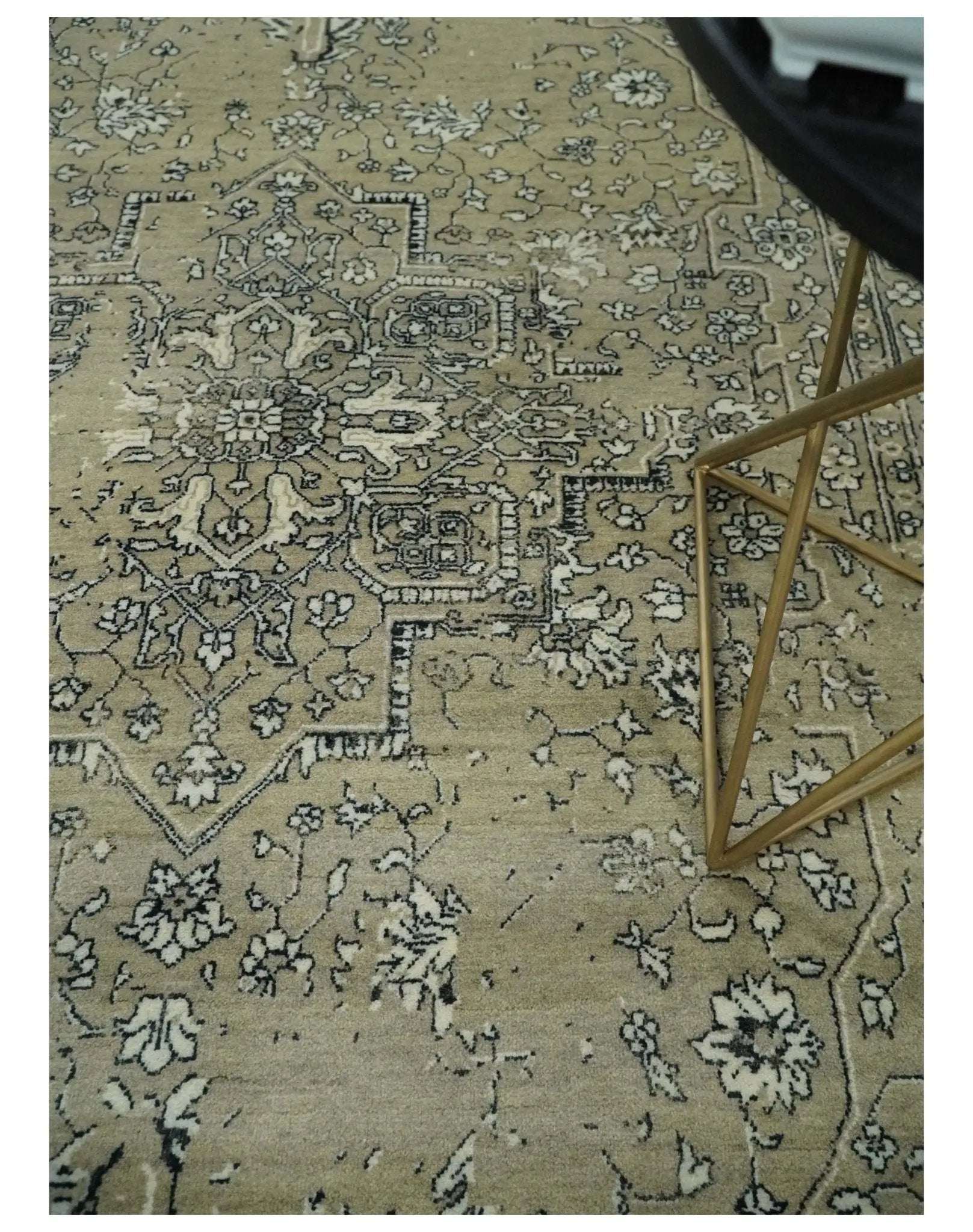 6x9 Fine Hand Knotted Beige and Black Traditional Vintage Persian Style Antique Wool Rug by The Rug Decor