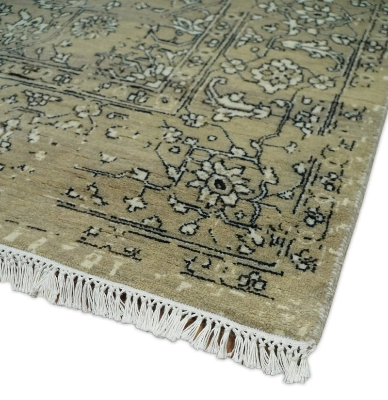 6x9 Fine Hand Knotted Beige and Black Traditional Vintage Persian Style Antique Wool Rug by The Rug Decor