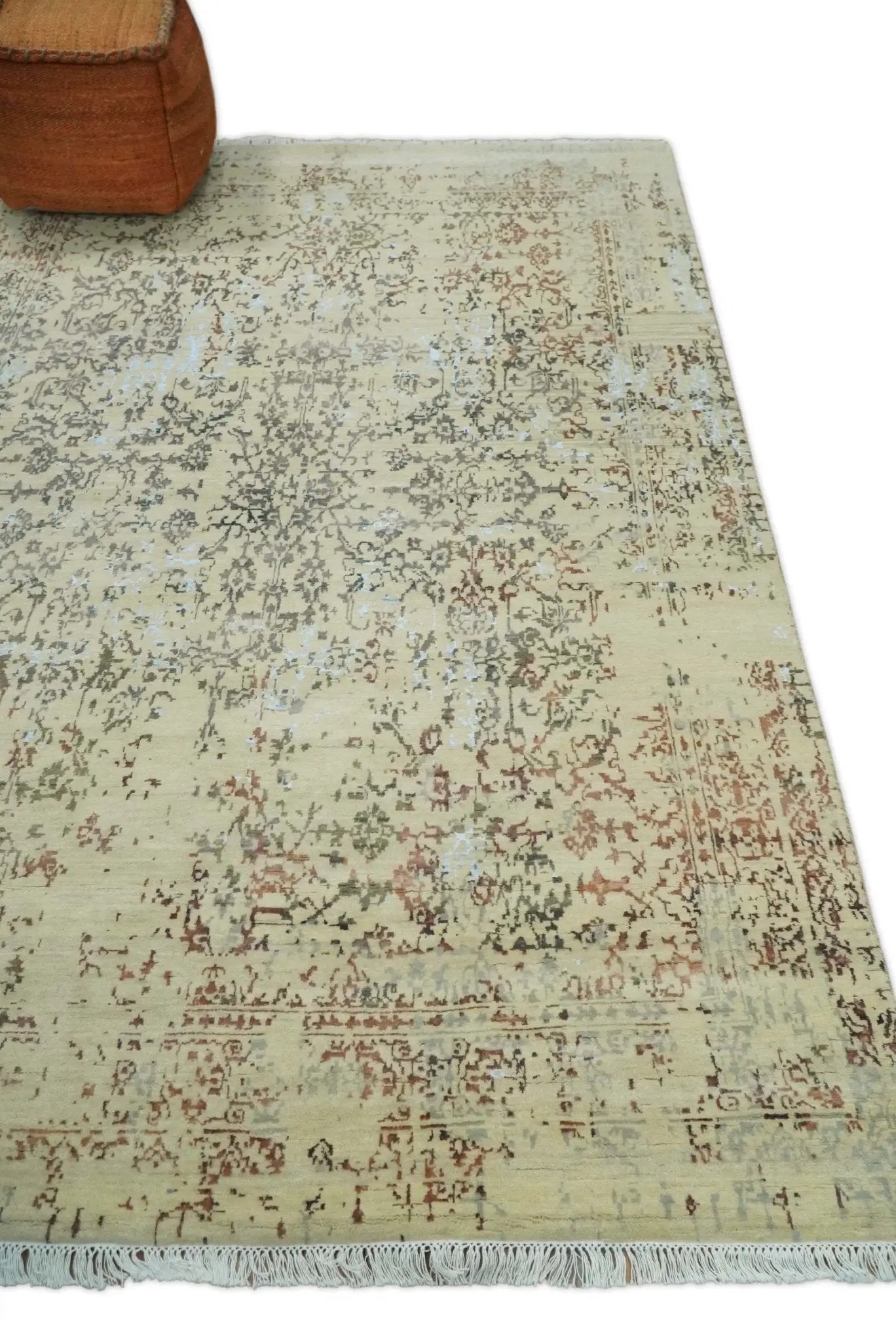 6x9 Fine Hand Knotted Beige and Rust Vintage Persian Style Antique Wool and Silk Rug by The Rug Decor