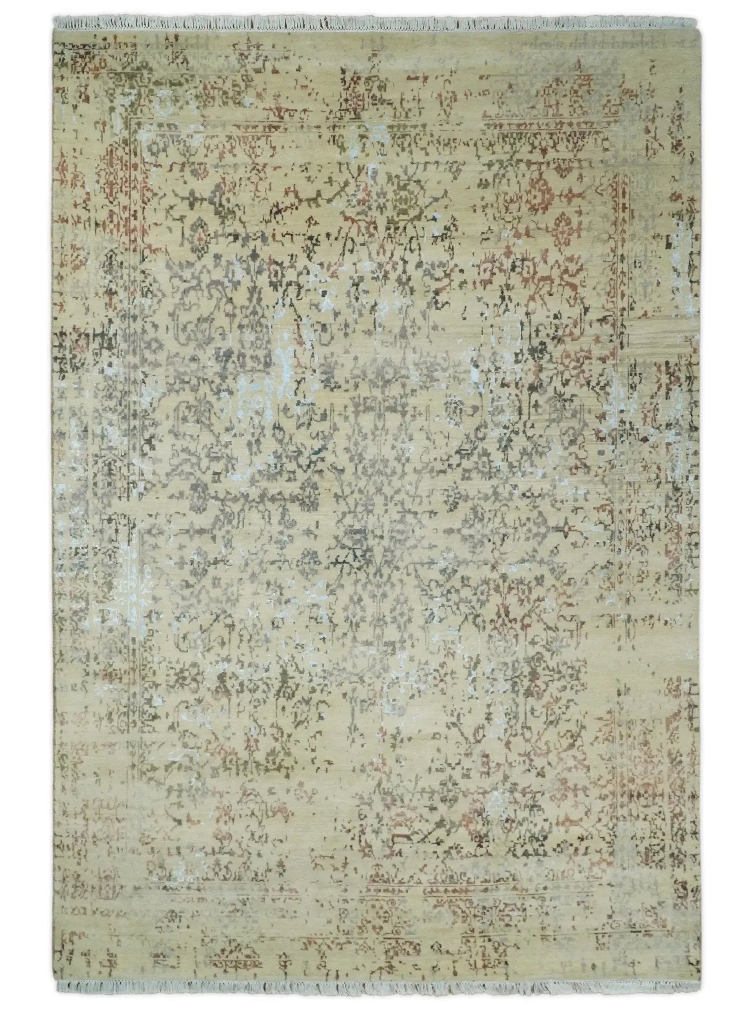 6x9 Fine Hand Knotted Beige and Rust Vintage Persian Style Antique Wool and Silk Rug by The Rug Decor