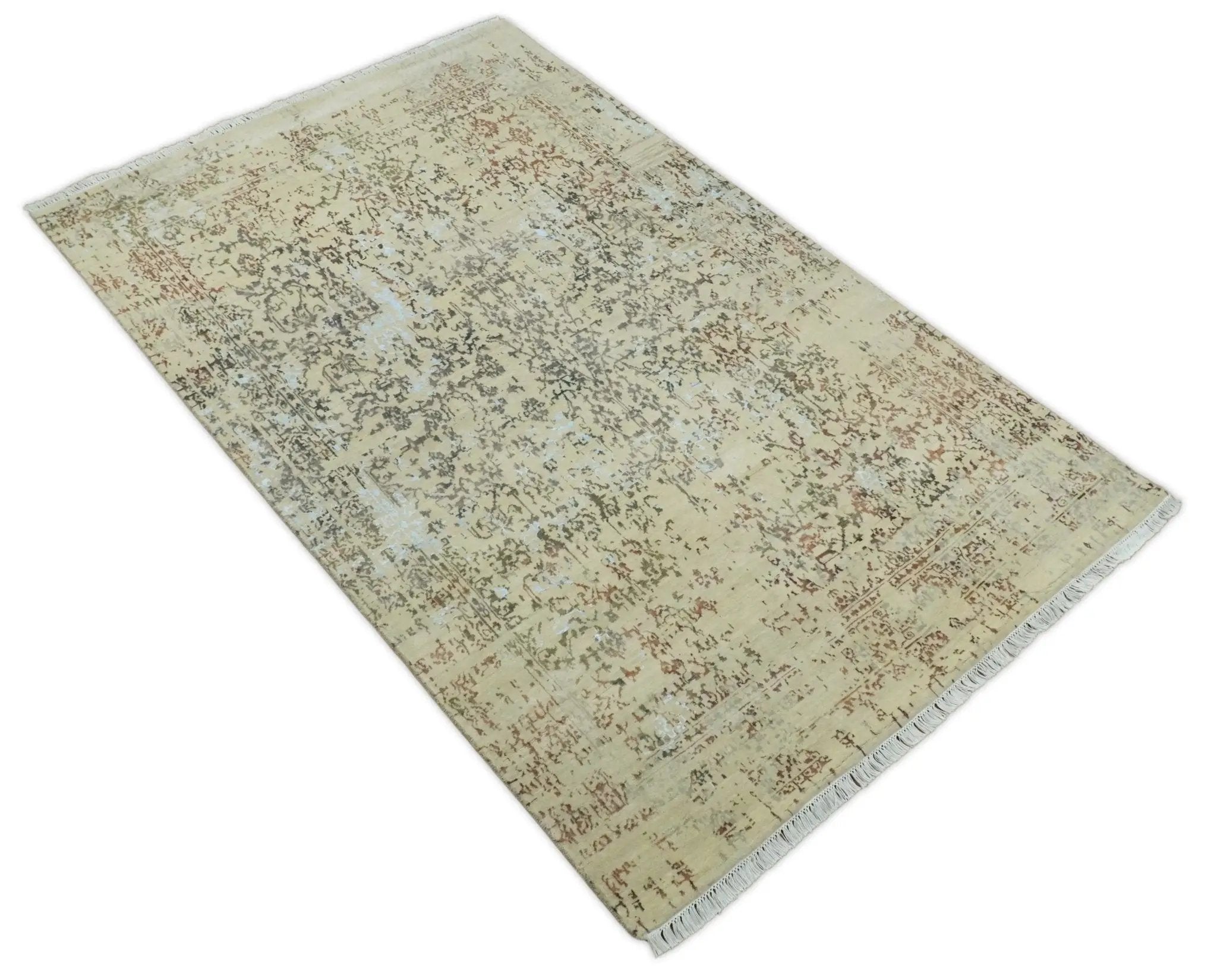 6x9 Fine Hand Knotted Beige and Rust Vintage Persian Style Antique Wool and Silk Rug by The Rug Decor