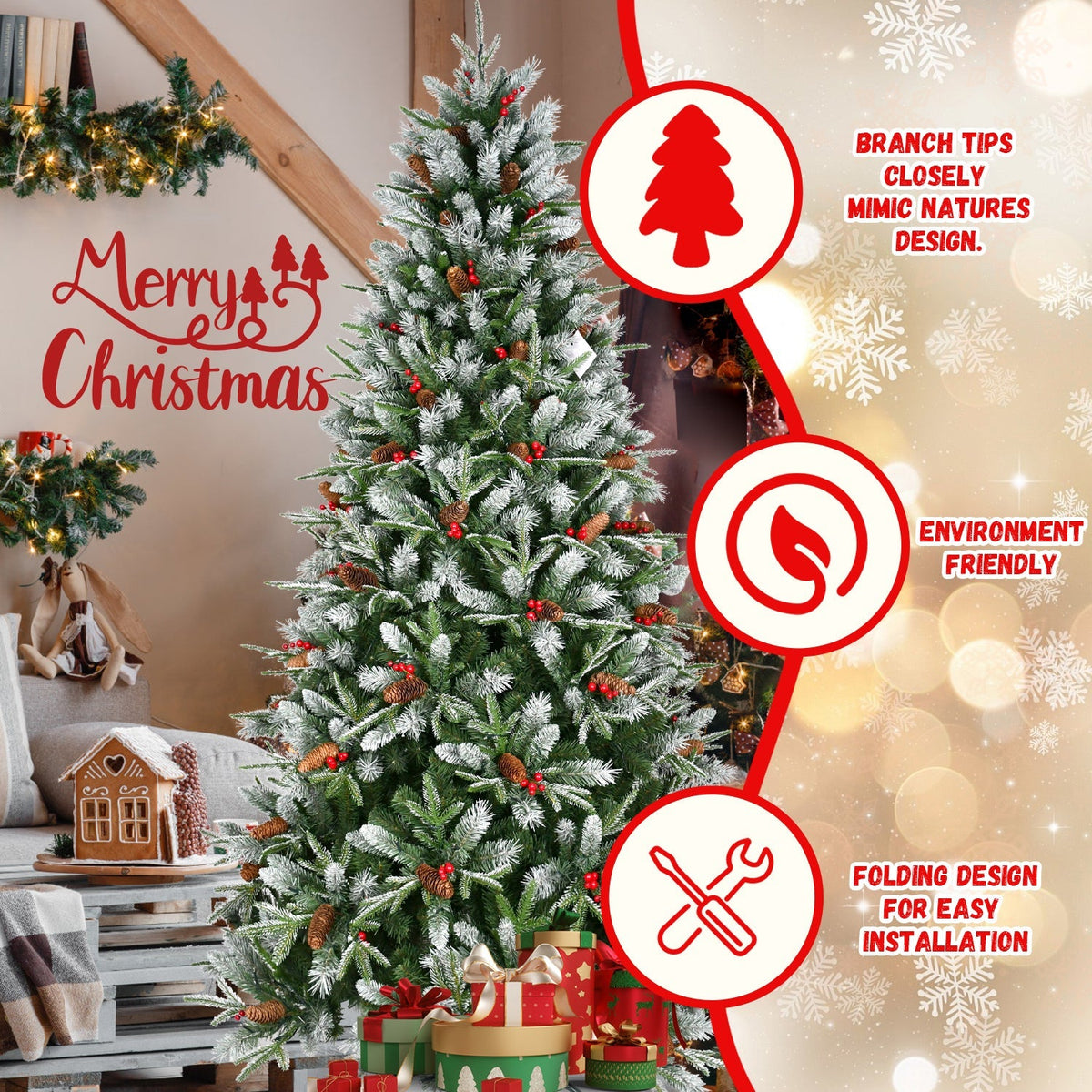 7.5-Foot Snow-Tipped Woodland Christmas Tree with Berries and Pine Cones - Green/White, photo 3 of 8