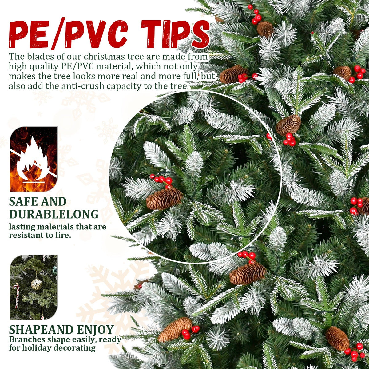 7.5-Foot Snow-Tipped Woodland Christmas Tree with Berries and Pine Cones - Green/White, photo 6 of 8