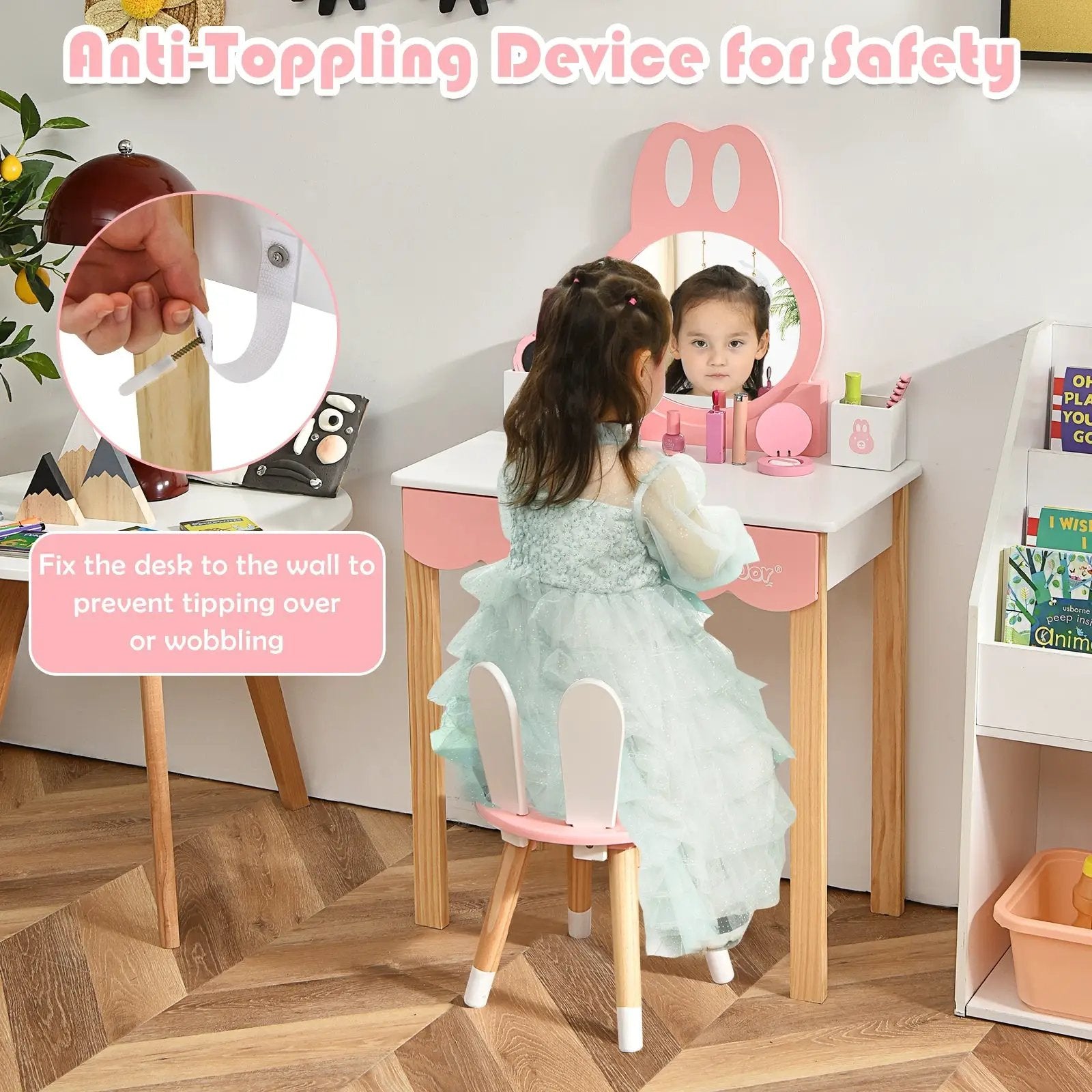 Kids Vanity Set Rabbit Makeup Dressing Table Chair Set with Mirror and Drawer by DirectDeals