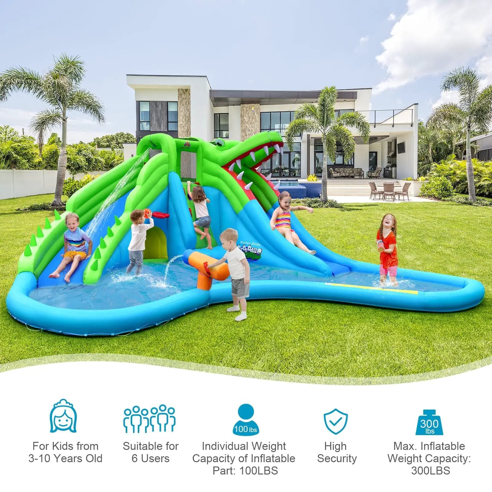 Inflatable Crocodile Style Water Slide Upgraded Kids Bounce Castle with 680W Blower by DirectDeals