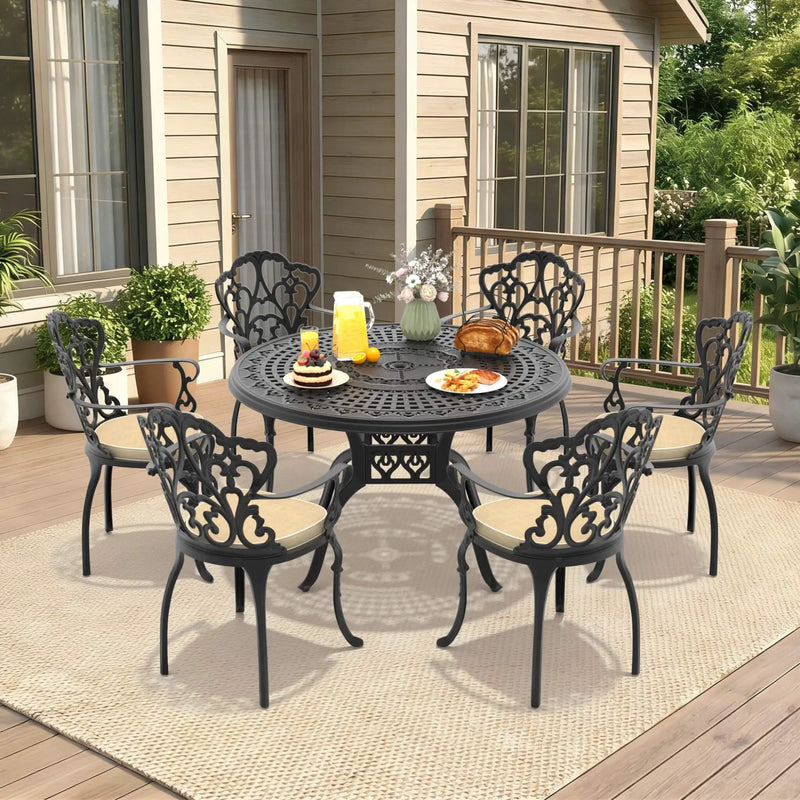 Alora 7-Piece Cast Aluminum Patio Furniture Set With Black Frame And Off-White Cushions (SAK12948) by SAKSBY WHOLESALE